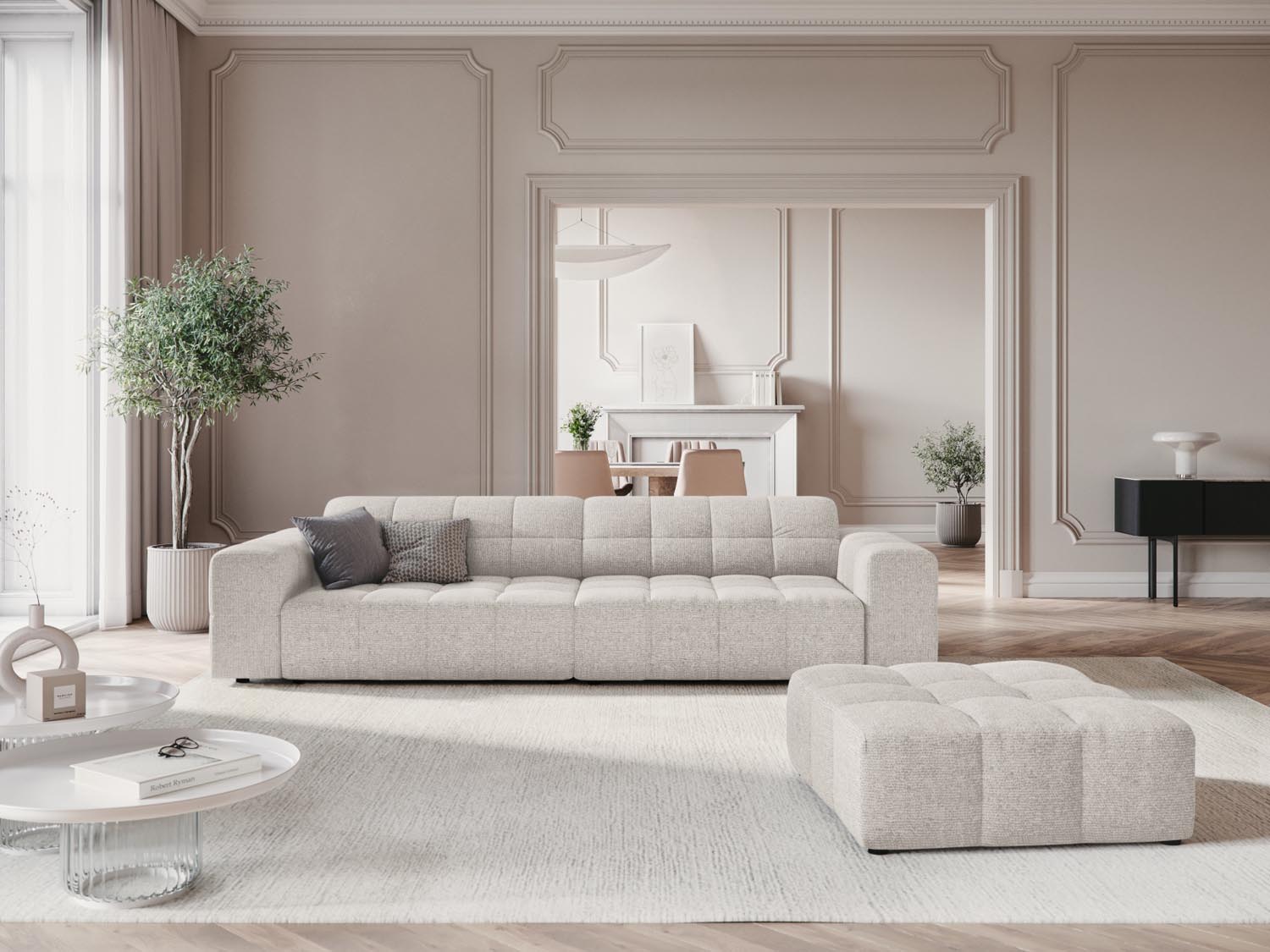 Stylischer Chicago Pouf mit einem Durchmesser von 80 cm in hellem Grau, ideal für moderne Wohnräume und gemütliche Sitzgelegenheiten.