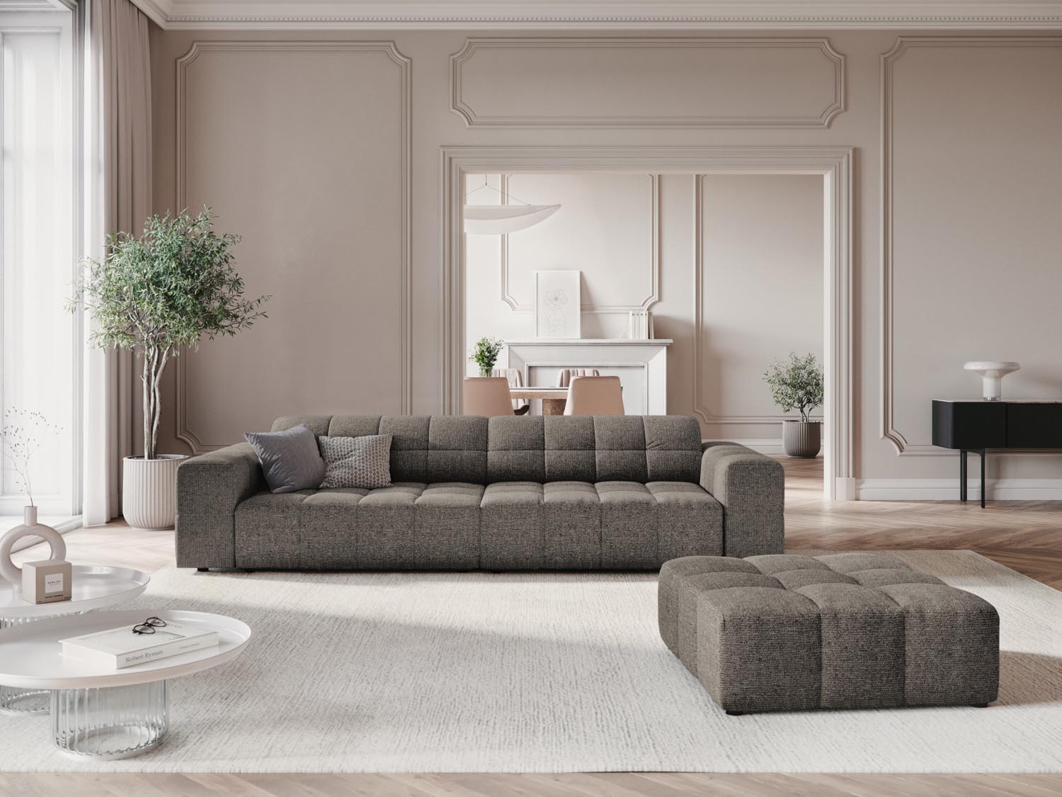 Stylischer Chicago Pouf mit einem Durchmesser von 80 cm in elegantem Grau, ideal für moderne Wohnräume und gemütliche Sitzgelegenheiten.