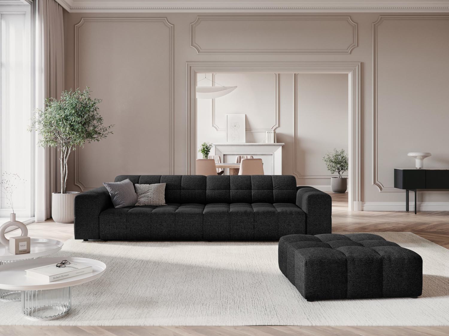 Eleganter Chicago Pouf mit einem Durchmesser von 80 cm in stilvollem Schwarz, ideal für moderne Wohnräume und vielseitige Sitzmöglichkeiten.