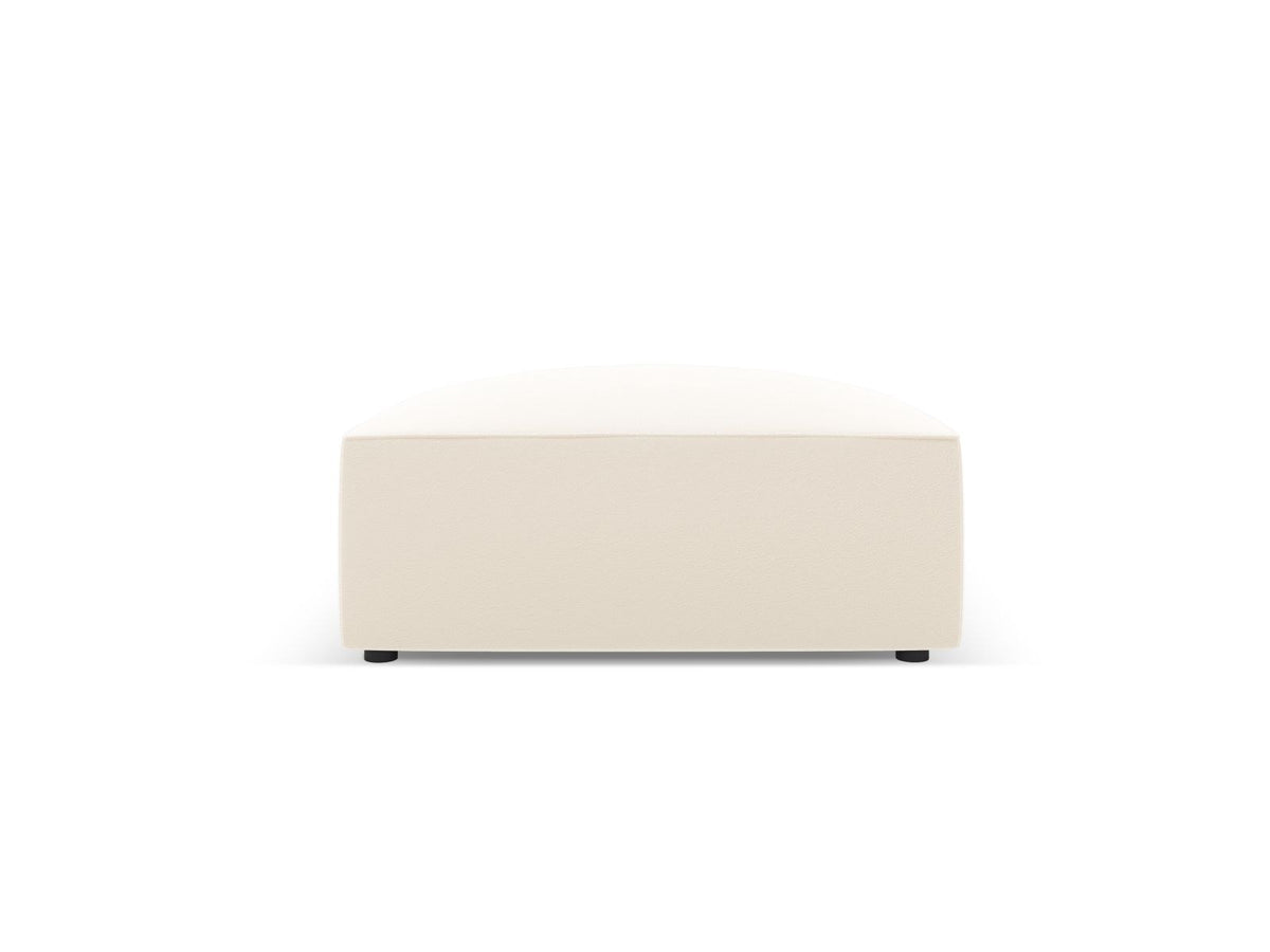 Runder Pouf mit lederähnlichem Bezug in Light Beige, Massivholzrahmen und schwarzen Kunststoffbeinen, Durchmesser 93 cm, Höhe 40 cm.