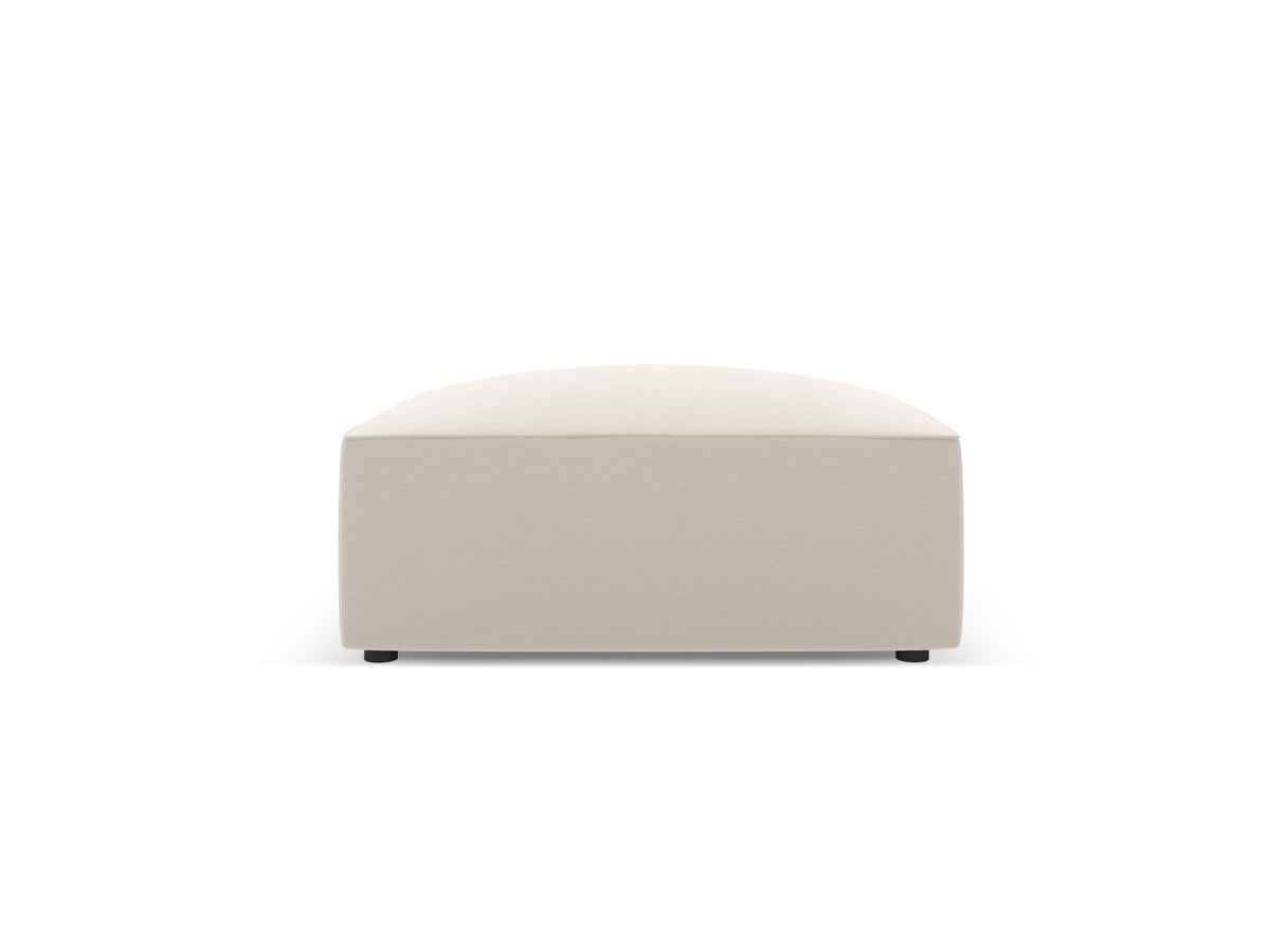 Runder Pouf mit lederähnlichem Bezug in Light Beige, Massivholzrahmen und schwarzen Kunststoffbeinen, Durchmesser 93 cm, Höhe 40 cm.