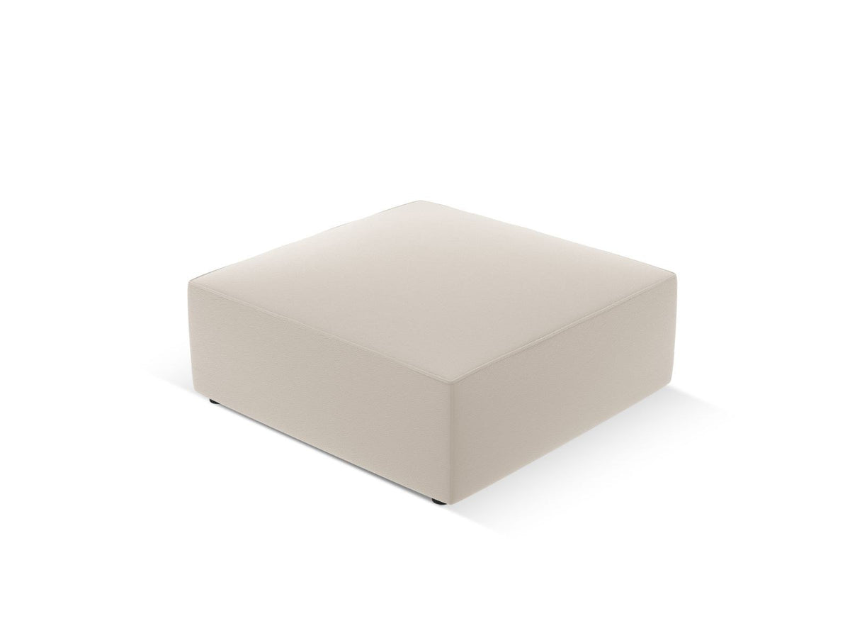 Runder Pouf mit lederähnlichem Bezug in Light Beige, Massivholzrahmen und schwarzen Kunststoffbeinen, Durchmesser 93 cm, Höhe 40 cm.