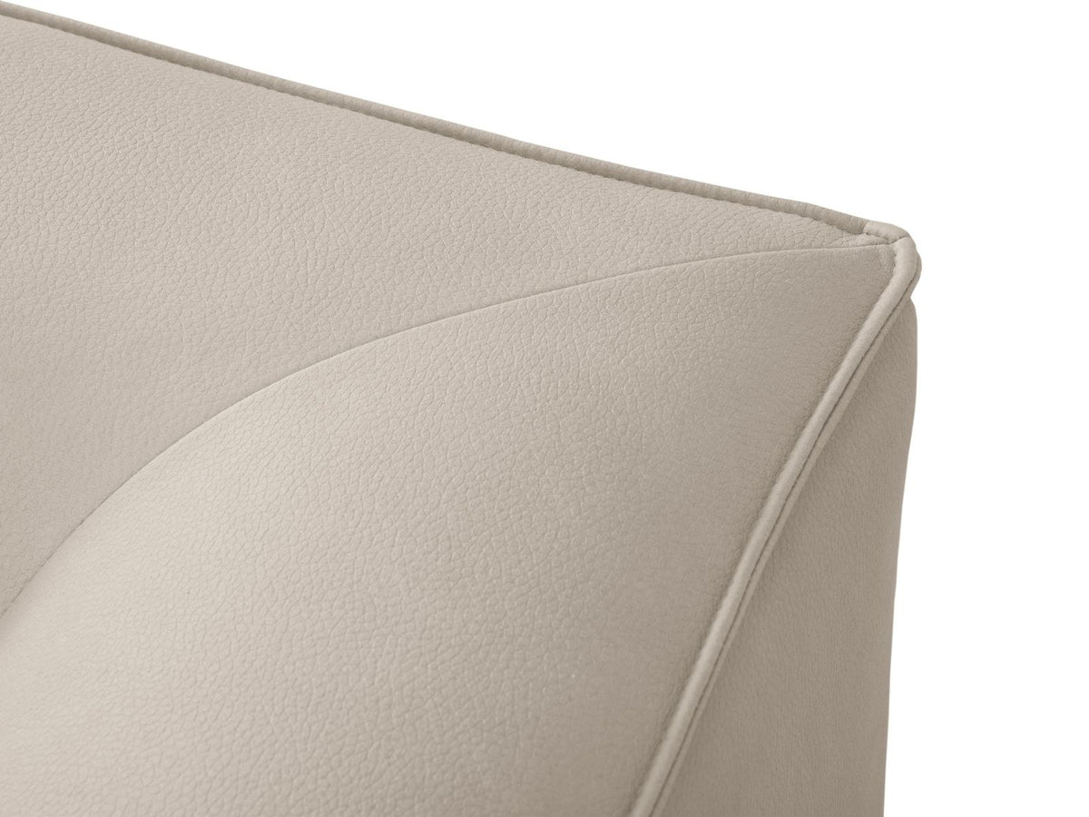 Runder Pouf mit lederähnlichem Bezug in Light Beige, Massivholzrahmen und schwarzen Kunststoffbeinen, Durchmesser 93 cm, Höhe 40 cm.
