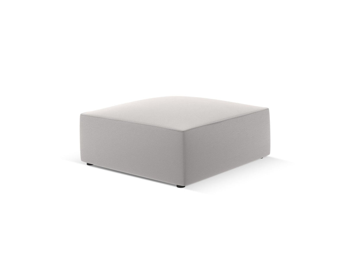 Runder Pouf mit lederähnlichem Bezug in Light Beige, Massivholzrahmen und schwarzen Kunststoffbeinen, Durchmesser 93 cm, Höhe 40 cm.