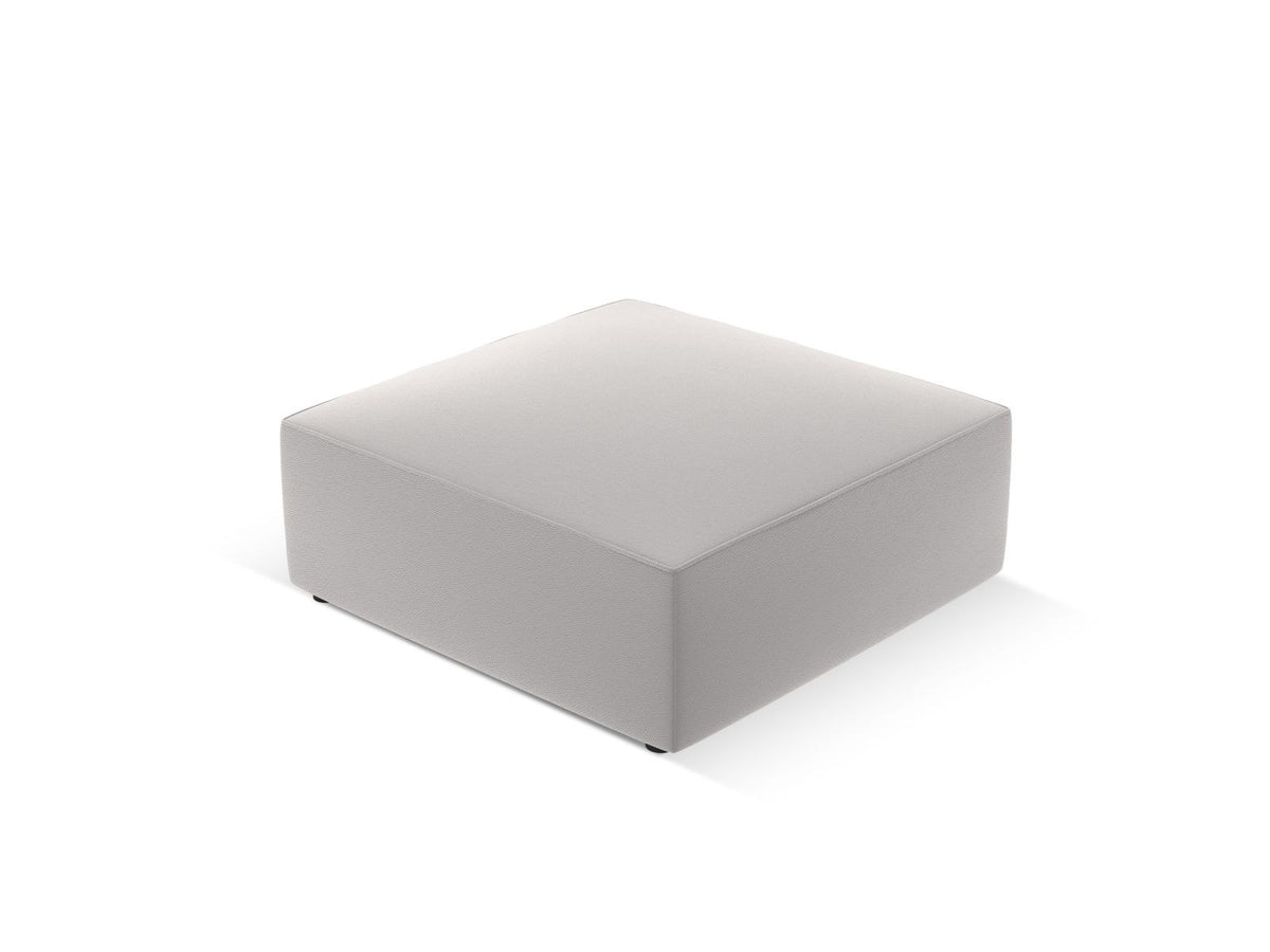 Runder Pouf mit lederähnlichem Bezug in Light Beige, Massivholzrahmen und schwarzen Kunststoffbeinen, Durchmesser 93 cm, Höhe 40 cm.