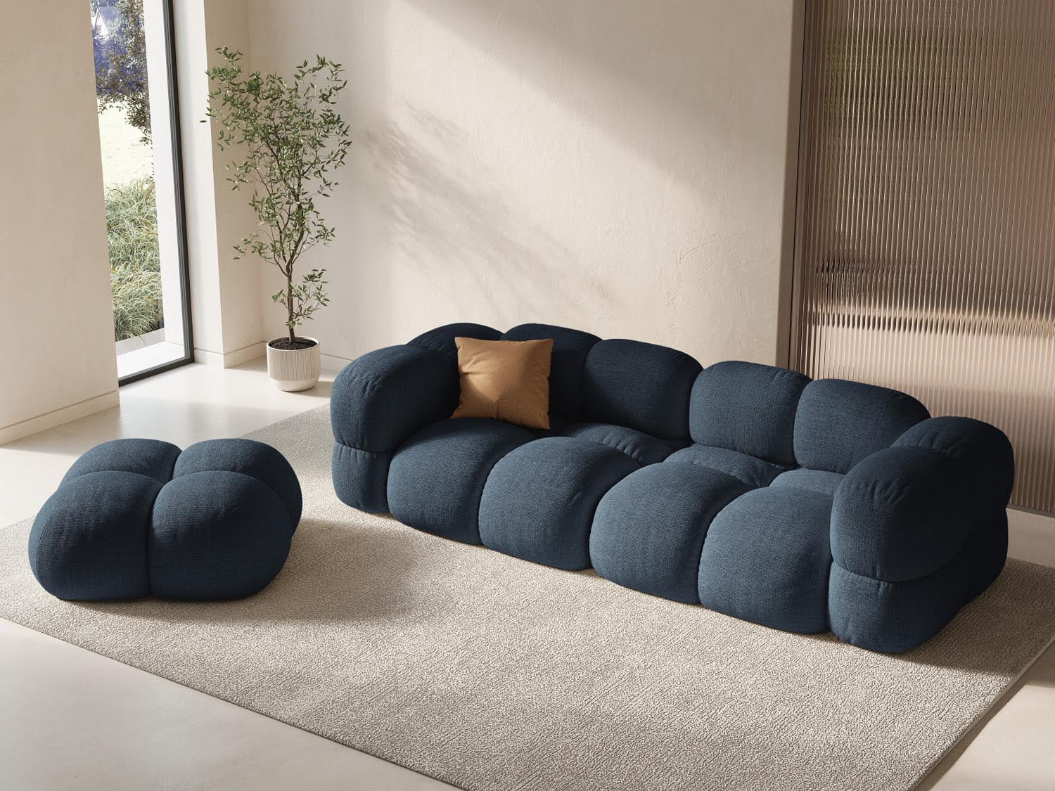 Eleganter Loretto Pouf in Dunkelblau, 90 cm, ideal für stilvolle Akzente in jedem Raum. Perfekt für zusätzlichen Sitzkomfort.