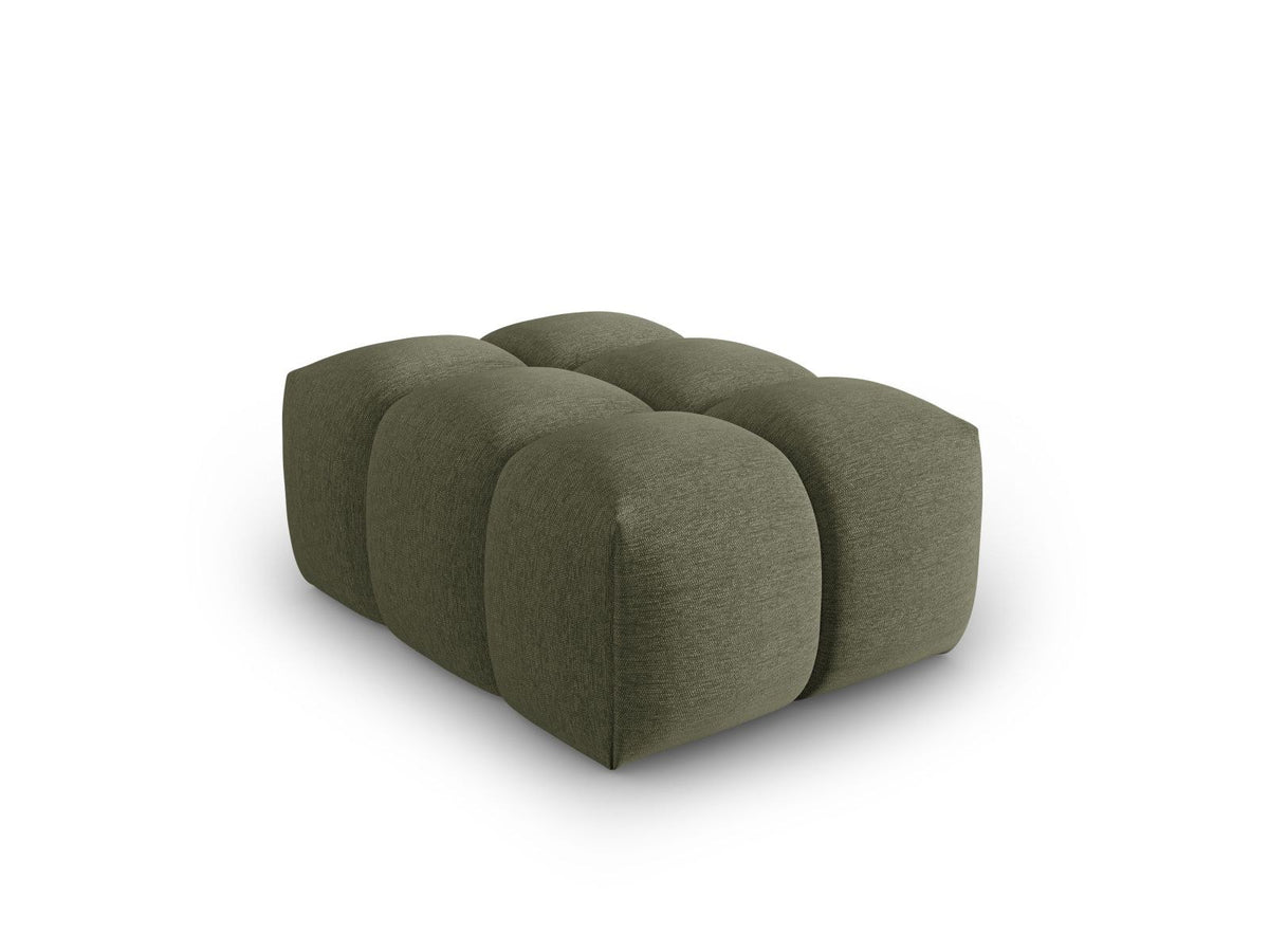 Beiger Pouf Verona mit Sorella-Strukturstoff, Massivholzrahmen und schwarzen Kunststoffbeinen, quaderförmige Sitzfläche.
