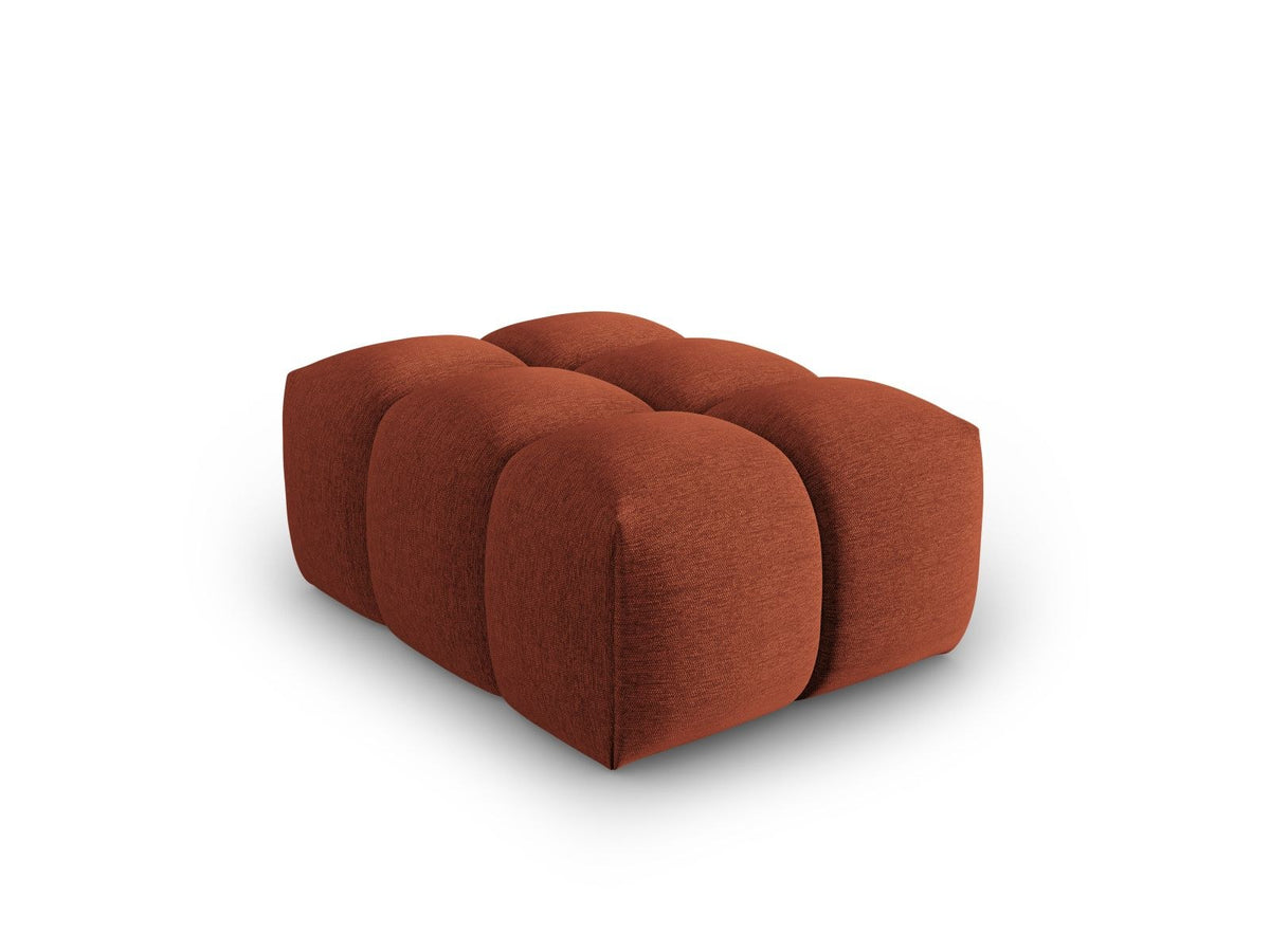 Beiger Pouf Verona mit Sorella-Strukturstoff, Massivholzrahmen und schwarzen Kunststoffbeinen, quaderförmige Sitzfläche.