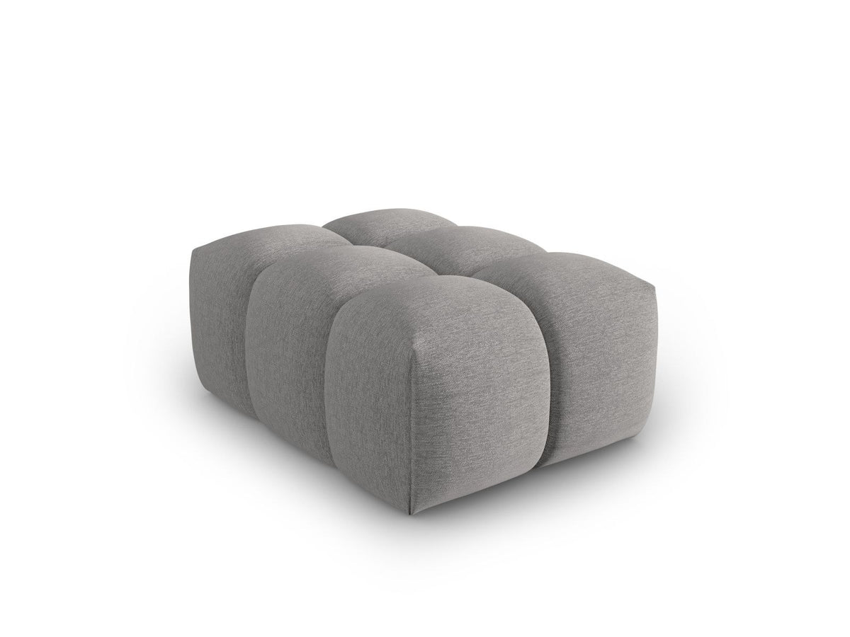 Beiger Pouf Verona mit Sorella-Strukturstoff, Massivholzrahmen und schwarzen Kunststoffbeinen, quaderförmige Sitzfläche.