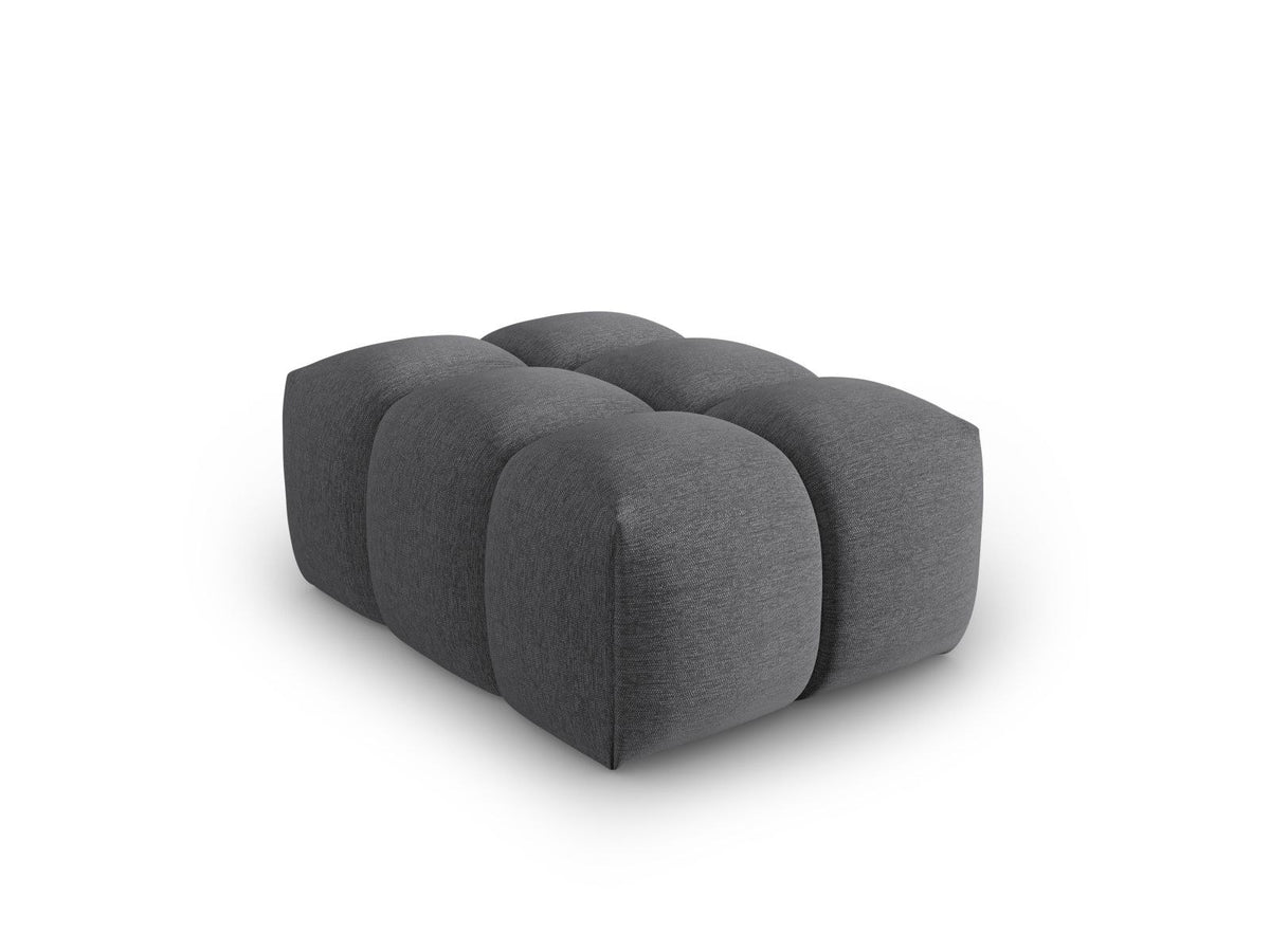 Beiger Pouf Verona mit Sorella-Strukturstoff, Massivholzrahmen und schwarzen Kunststoffbeinen, quaderförmige Sitzfläche.