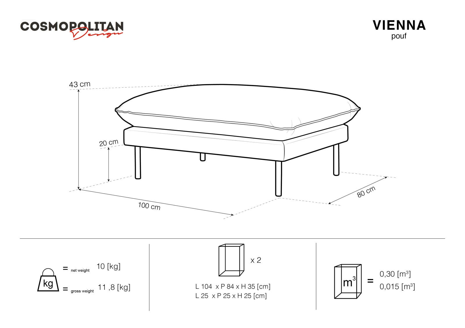 Vienna Velour Pouf 1 Sitz 80cm in Light Grey/Schwarz-Bluvel präsentiert im Onlineshop von KAQTU Design AG. Pouf ist von Cosmopolitan Design