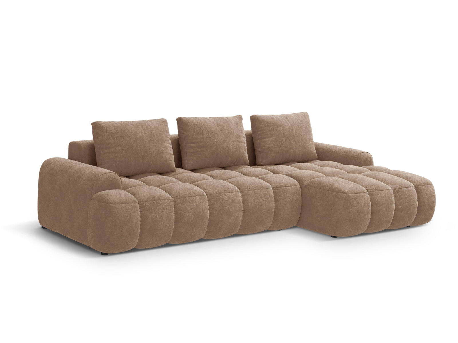 Elegantes Linz Ecksofa rechts in sanftem Beige, ausgestattet mit Schlaffunktion und praktischer Stauraumbox für zusätzlichen Komfort.