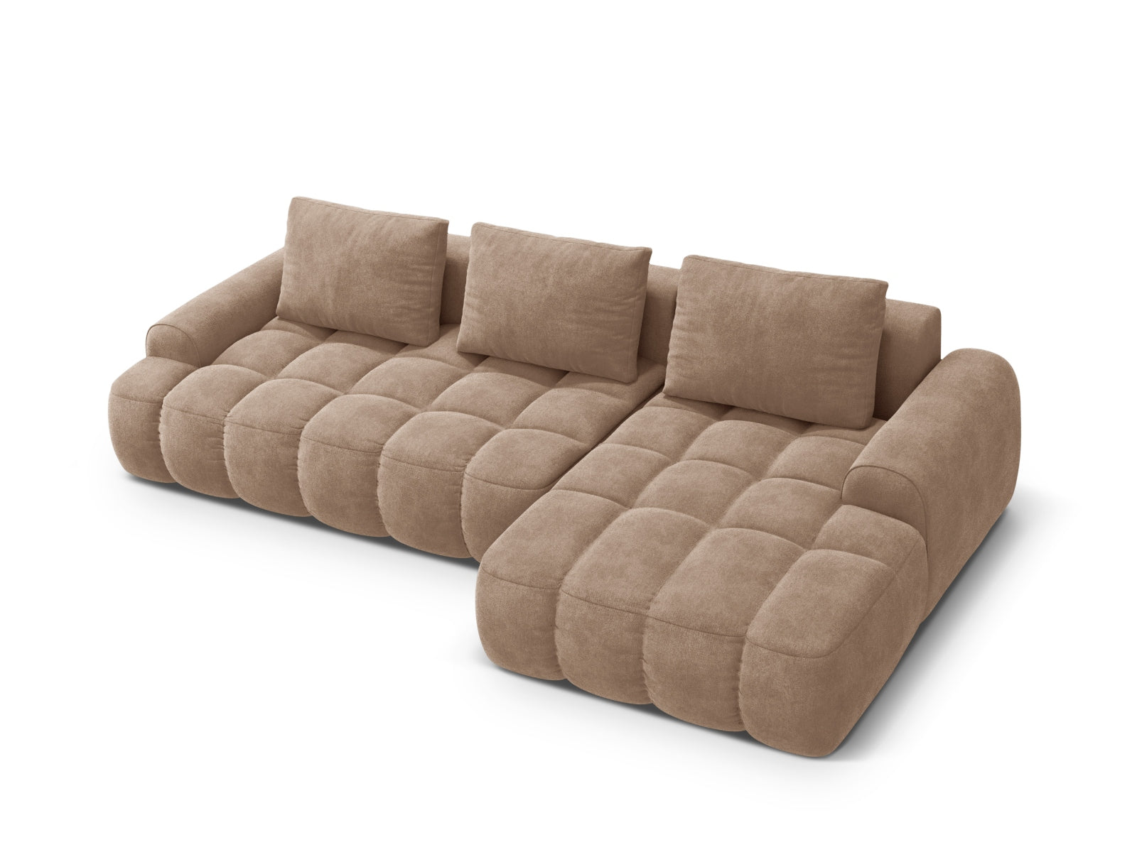 Modernes Linz Ecksofa rechts in hellem Beige, ideal für kleine Räume, bietet Schlaffunktion und Stauraum für Kissen und Decken.