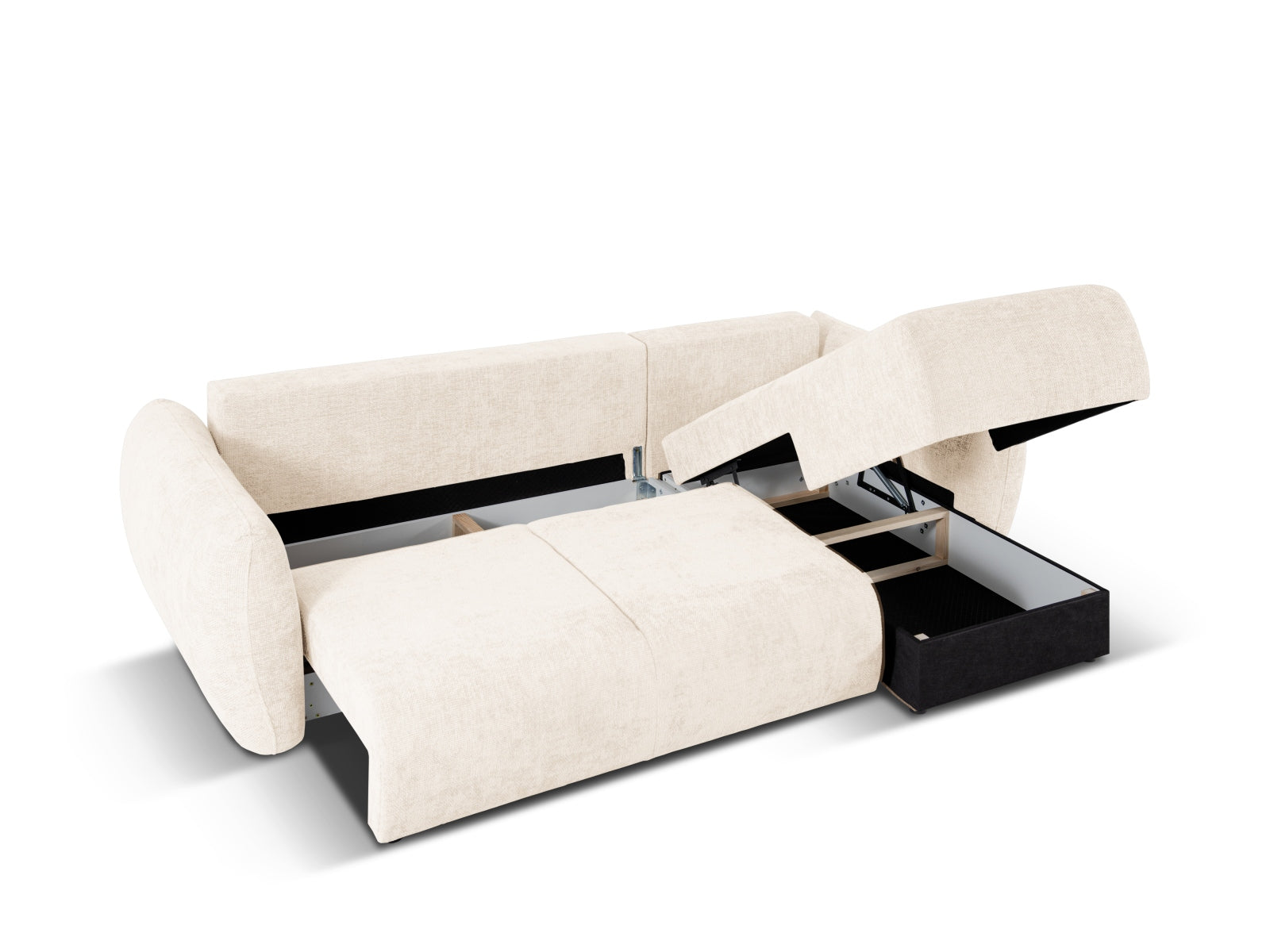Beige 4-Sitzer Ecksofa Matera mit Schlaffunktion und Stauraum, ideal für stilvolle Wohnräume und entspannte Nächte.