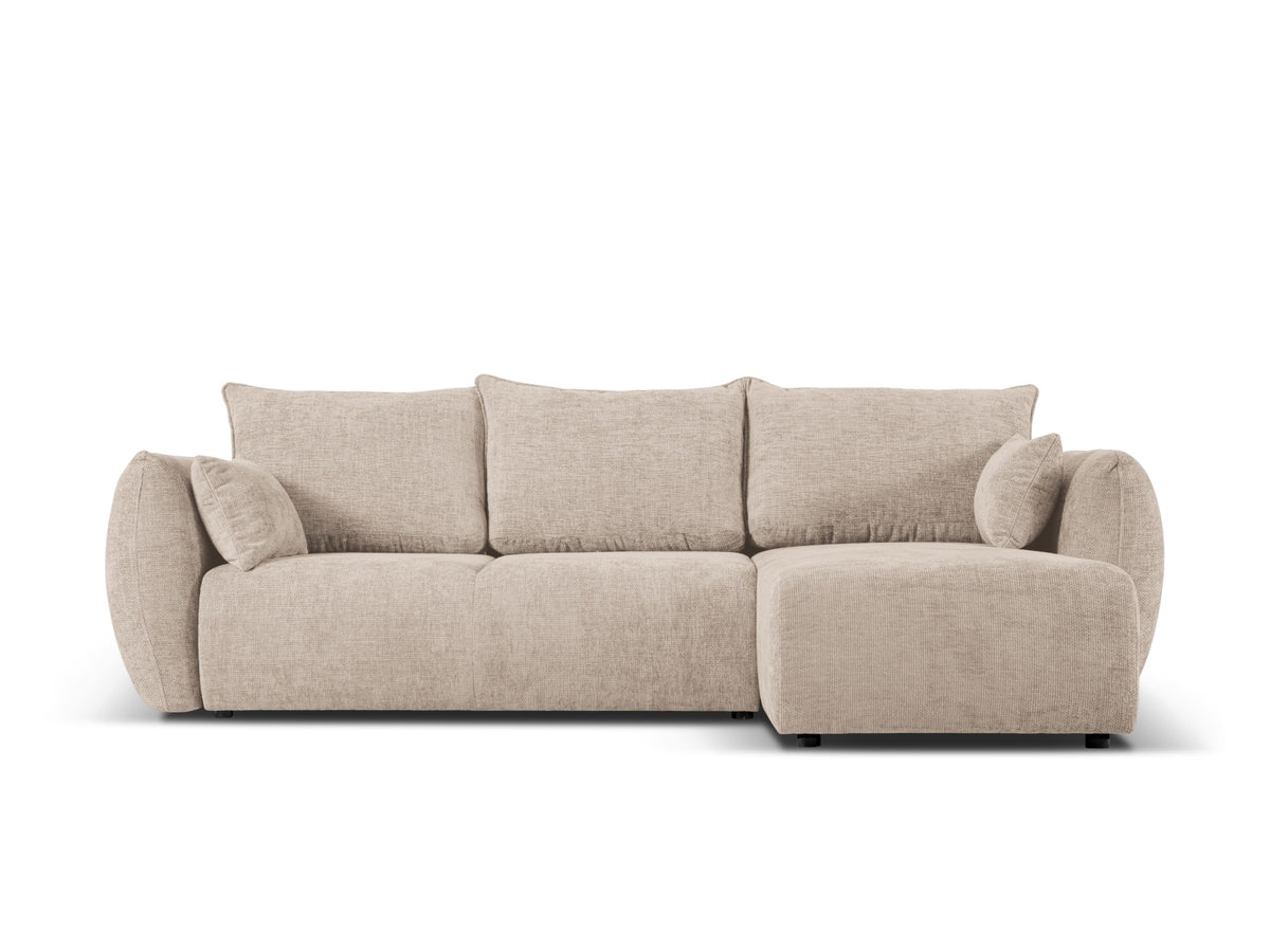 Ecksofa Matera als Bettsofa rechts mit Stoffbezug, Récamière und schwarzen Kunststoffbeinen