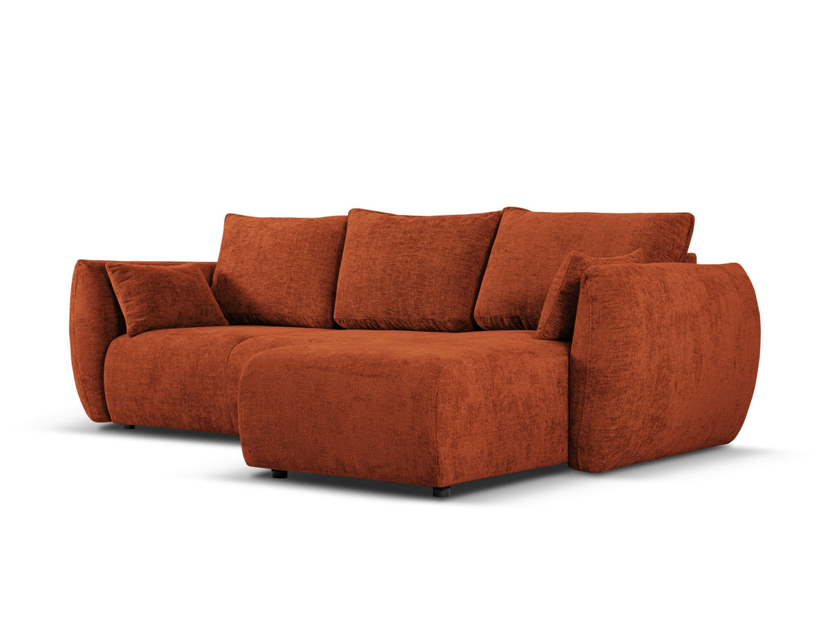 Ecksofa Matera als Bettsofa rechts mit Stoffbezug, Récamière und schwarzen Kunststoffbeinen