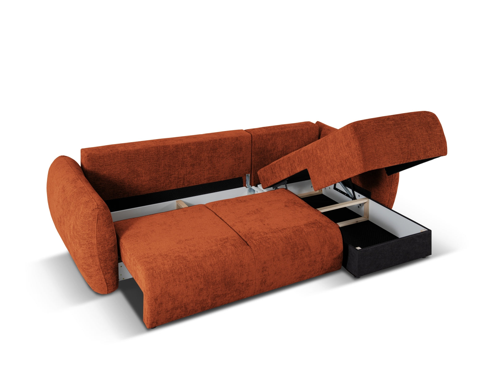 Stylisches Ecksofa Matera in Terracotta, ideal für entspannte Abende und Übernachtungen, bietet zusätzlichen Stauraum für Ihre Wohnaccessoires.
