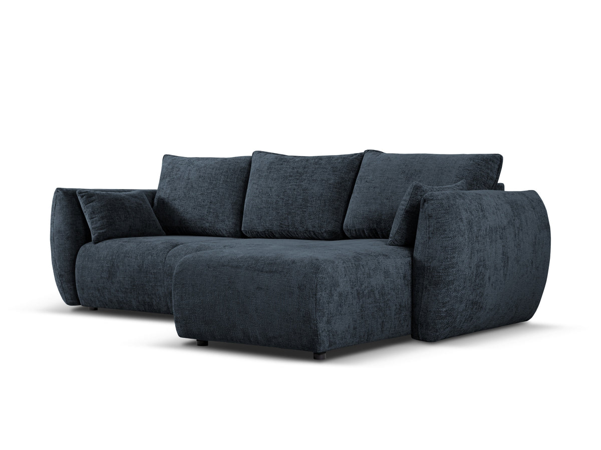 Ecksofa Matera als Bettsofa rechts mit Stoffbezug, Récamière und schwarzen Kunststoffbeinen