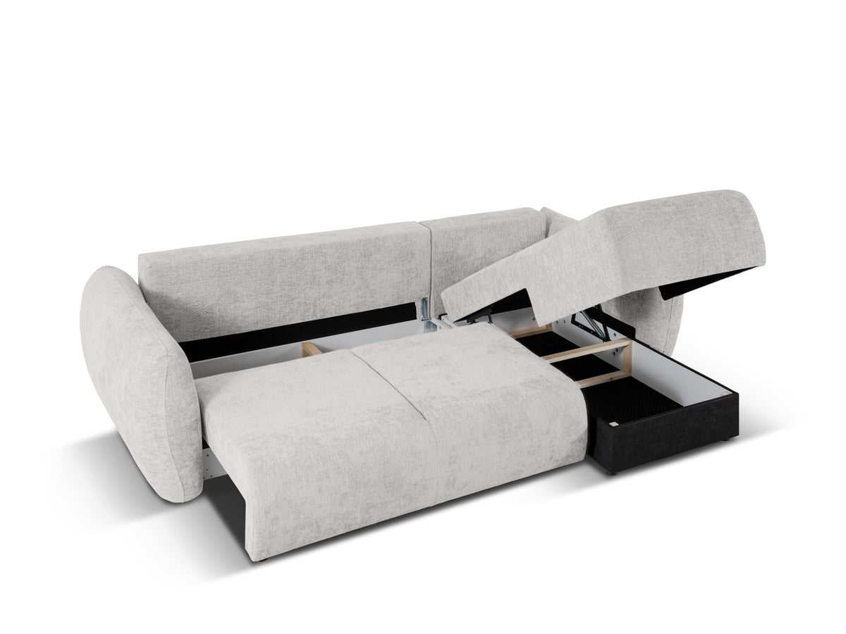 Ecksofa Matera als Bettsofa rechts mit Stoffbezug, Récamière und schwarzen Kunststoffbeinen