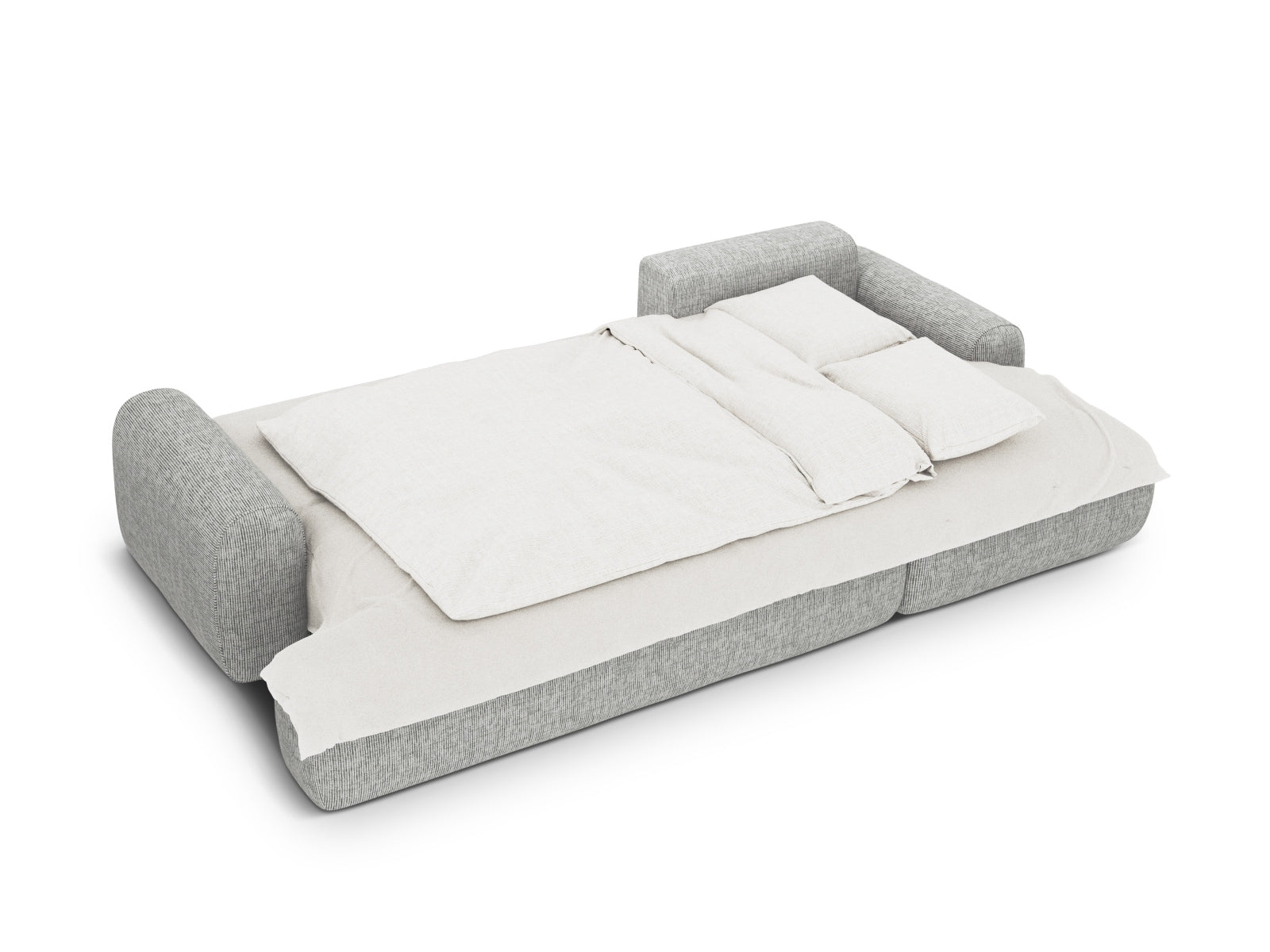 Elegantes 3-Sitzer Ecksofa rechts mit Schlafoption und cleverem Stauraum, ideal für stilvolle Wohnräume in warmen Grautönen.