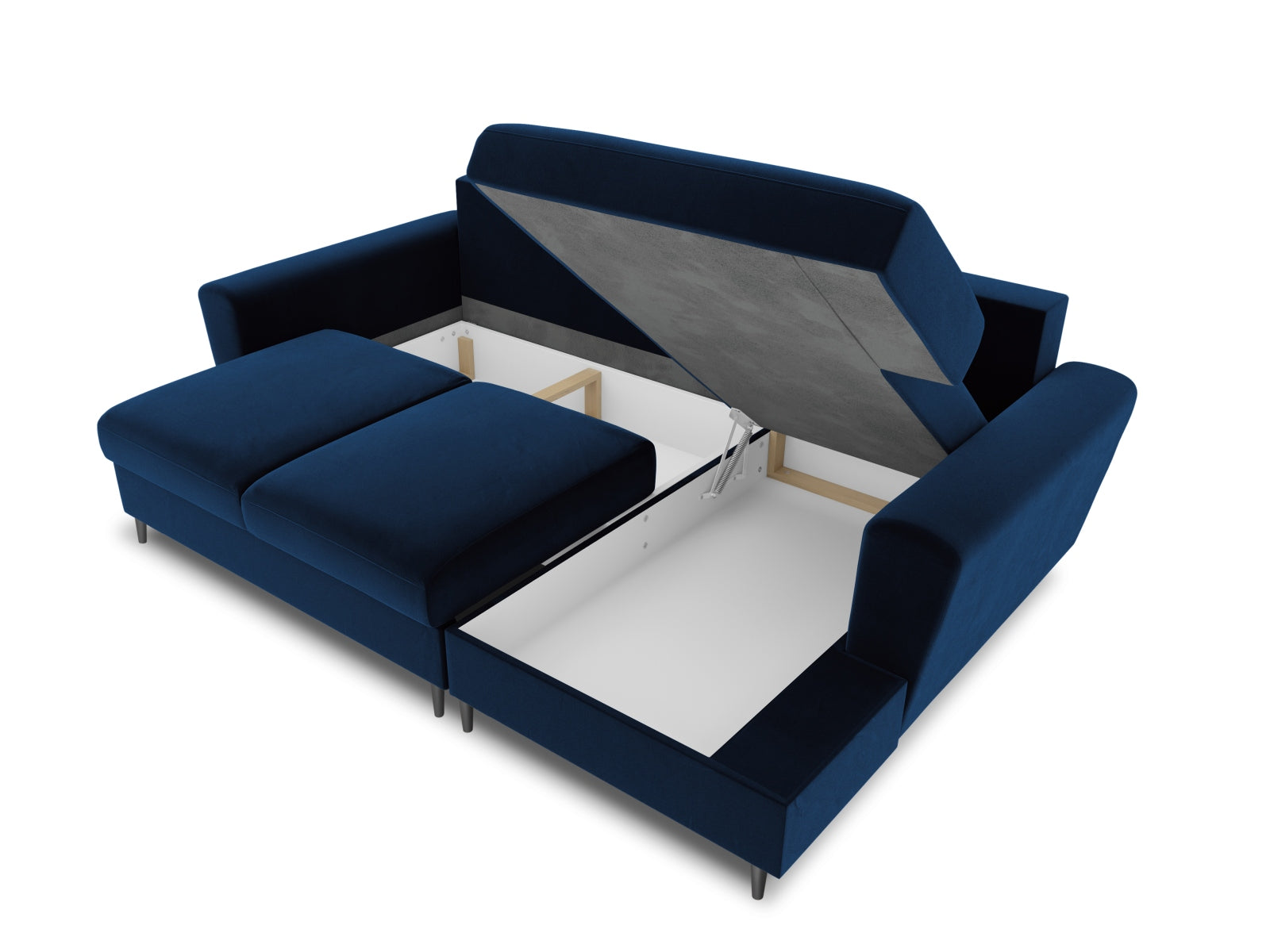 Modernes Kyoto Ecksofa rechts mit Schlaffunktion, 4-Sitzer, 145 cm, in Royal Blue-Riviera, vereint Komfort und Funktionalität mit zusätzlichem Stauraum.