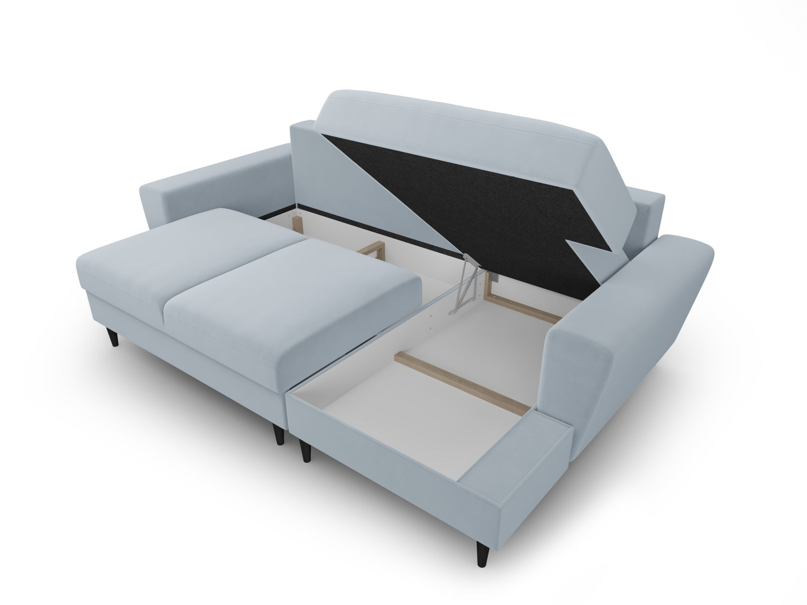Modernes Kyoto Ecksofa rechts mit Schlaffunktion und Stauraum, 4-Sitzer, 145 cm, in zartem Light Blue-Riviera für gemütliche Wohnatmosphäre.