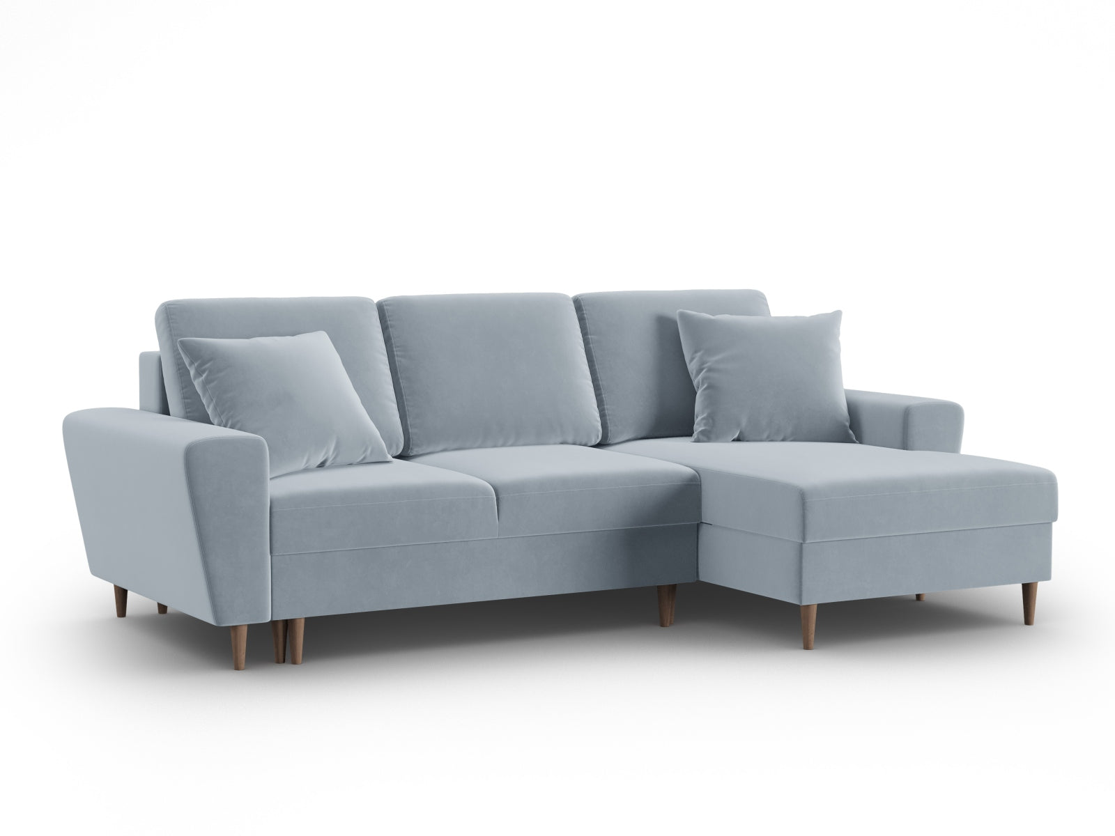 Stylisches Kyoto Ecksofa rechts mit Schlaffunktion und Stauraum, 4-Sitzer, 145 cm, in elegantem Light Blue-Riviera für entspannte Stunden.