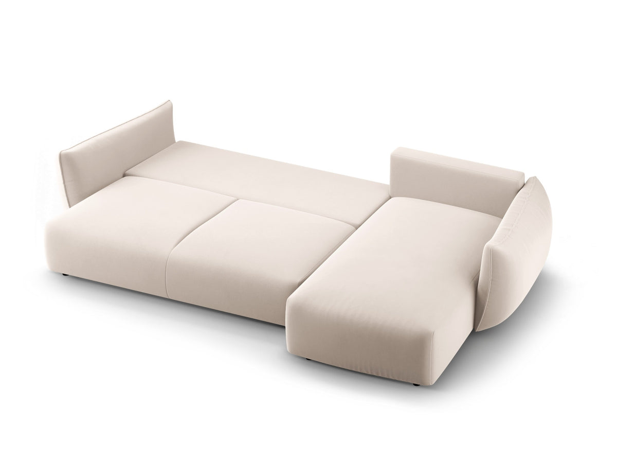 Ecksofa Matera als Bettsofa rechts mit Stoffbezug, Récamière und schwarzen Kunststoffbeinen
