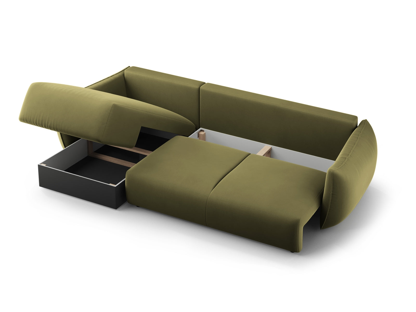 Elegantes 4-Sitzer Ecksofa Matera in ansprechendem Grün, ideal für Entspannung, mit Schlaffunktion und cleverem Stauraum.
