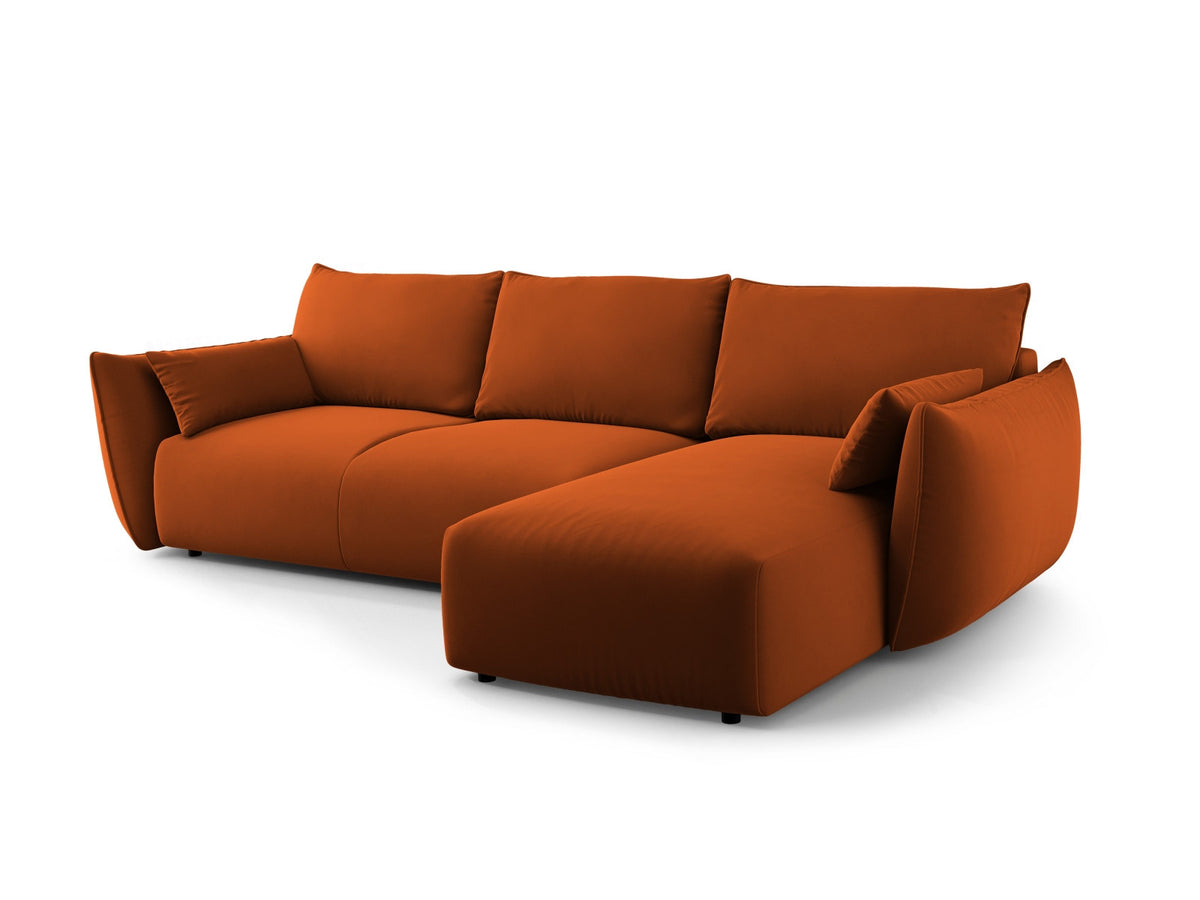 Ecksofa Matera als Bettsofa rechts mit Stoffbezug, Récamière und schwarzen Kunststoffbeinen