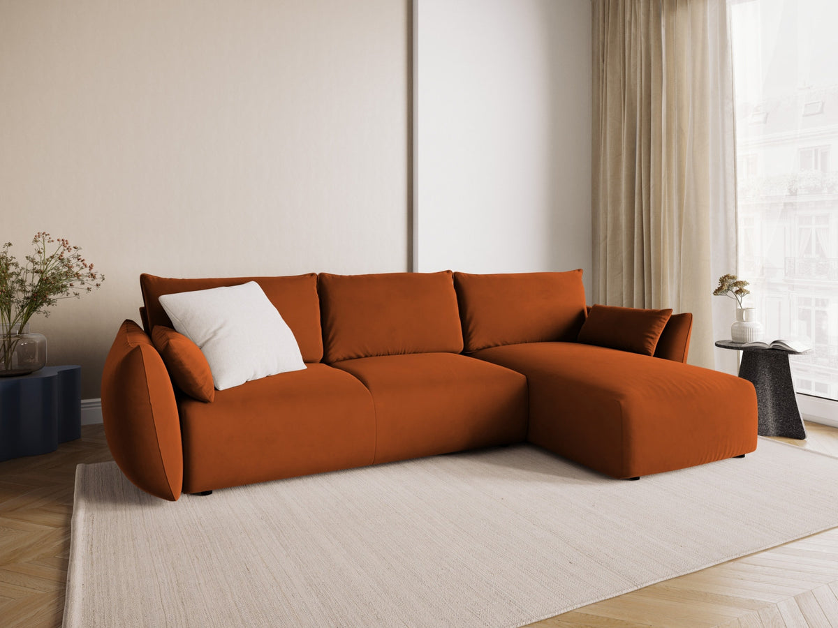 Ecksofa Matera als Bettsofa rechts mit Stoffbezug, Récamière und schwarzen Kunststoffbeinen