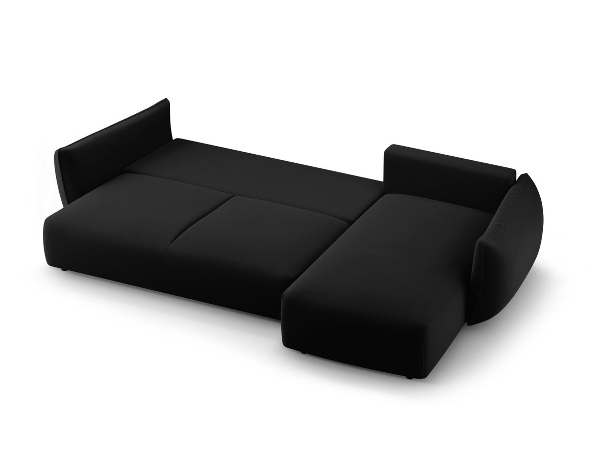 Ecksofa Matera als Bettsofa rechts mit Stoffbezug, Récamière und schwarzen Kunststoffbeinen