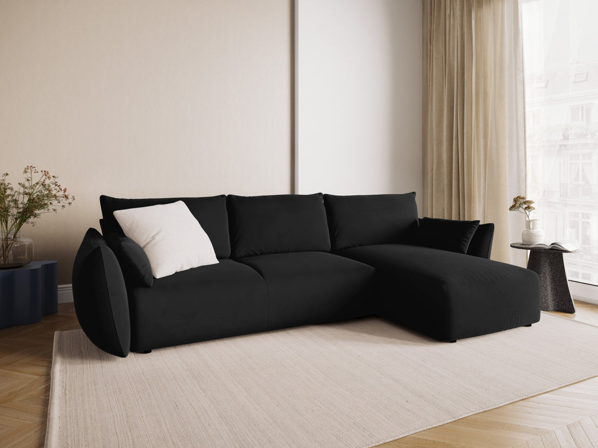 Ecksofa Matera als Bettsofa rechts mit Stoffbezug, Récamière und schwarzen Kunststoffbeinen
