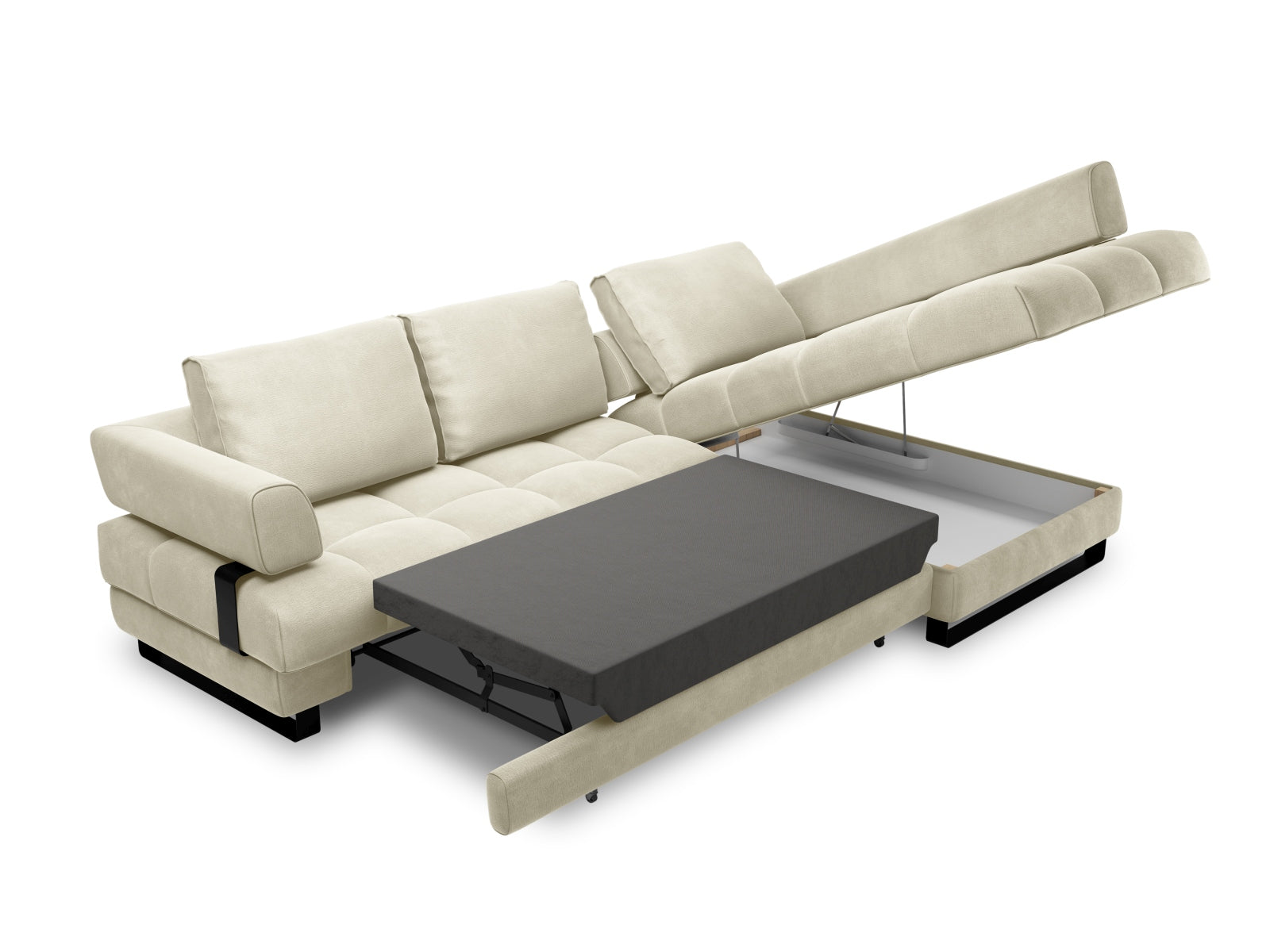 Erleben Sie das Clinton Velour Ecksofa von Cosmopolitan Design: stilvolles 5-Sitzer Sofa mit Schlaffunktion und viel Stauraum für Ihr modernes Zuhause!