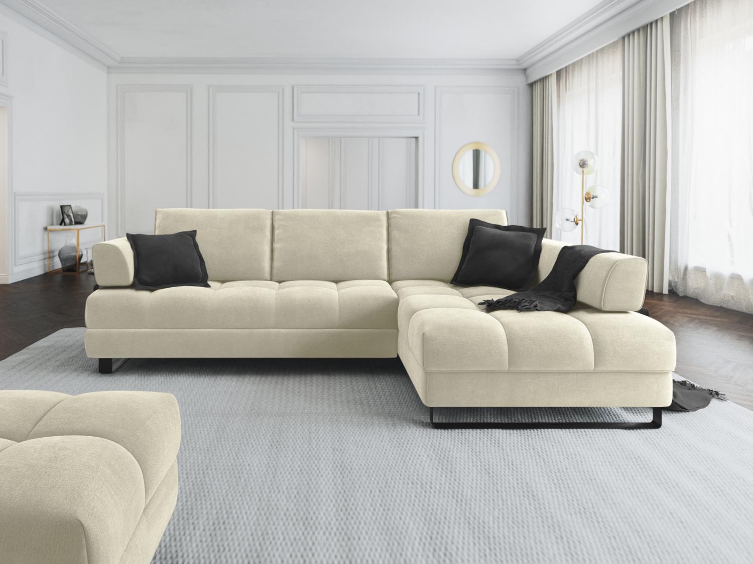 Erleben Sie das Clinton Velour Ecksofa von Cosmopolitan Design: stilvolles 5-Sitzer Sofa mit Schlaffunktion und viel Stauraum für Ihr modernes Zuhause!