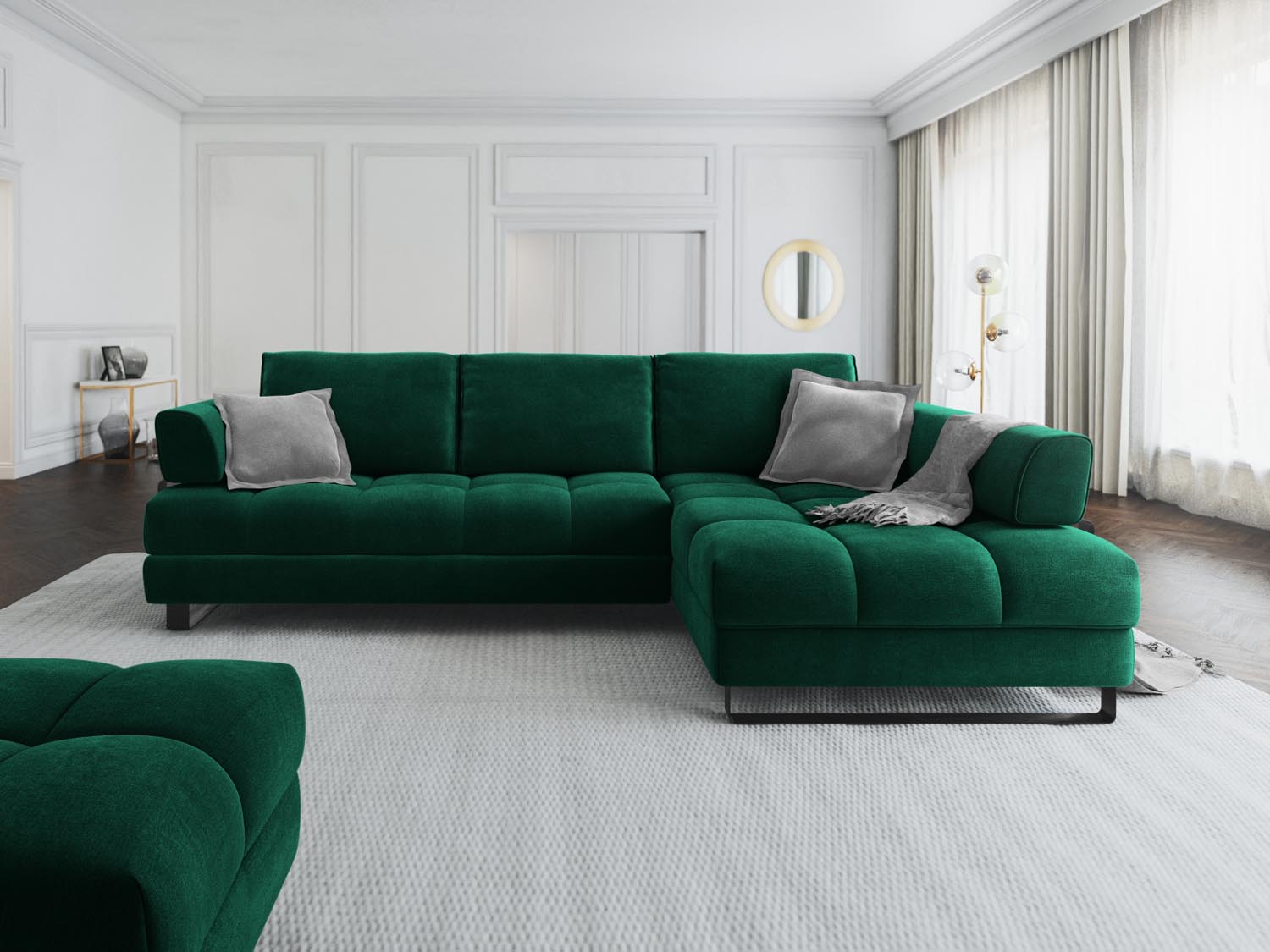 Erleben Sie das Clinton Velour Ecksofa von Cosmopolitan Design: stilvolles 5-Sitzer Sofa mit Schlaffunktion und viel Stauraum für Ihr modernes Zuhause!