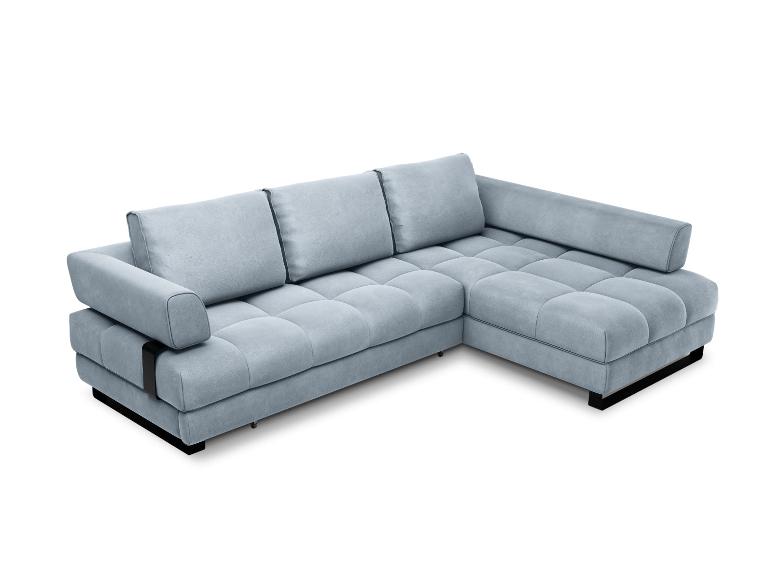 Clinton Velour Ecksofa rechts mit Schlaffunktion und Stauraum 5 Sitzer in Light Blue präsentiert im Onlineshop von KAQTU Design AG. Ecksofa rechts ist von Cosmopolitan Design