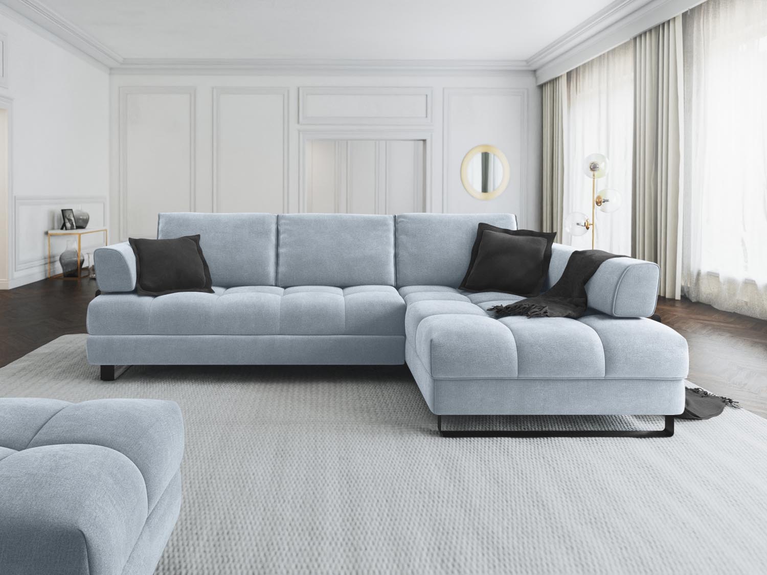 Entdecken Sie das Clinton Velour Ecksofa von Cosmopolitan Design: elegantes 5-Sitzer Sofa mit praktischer Schlaffunktion und grosszügigem Stauraum für Ihr Zuhause!
