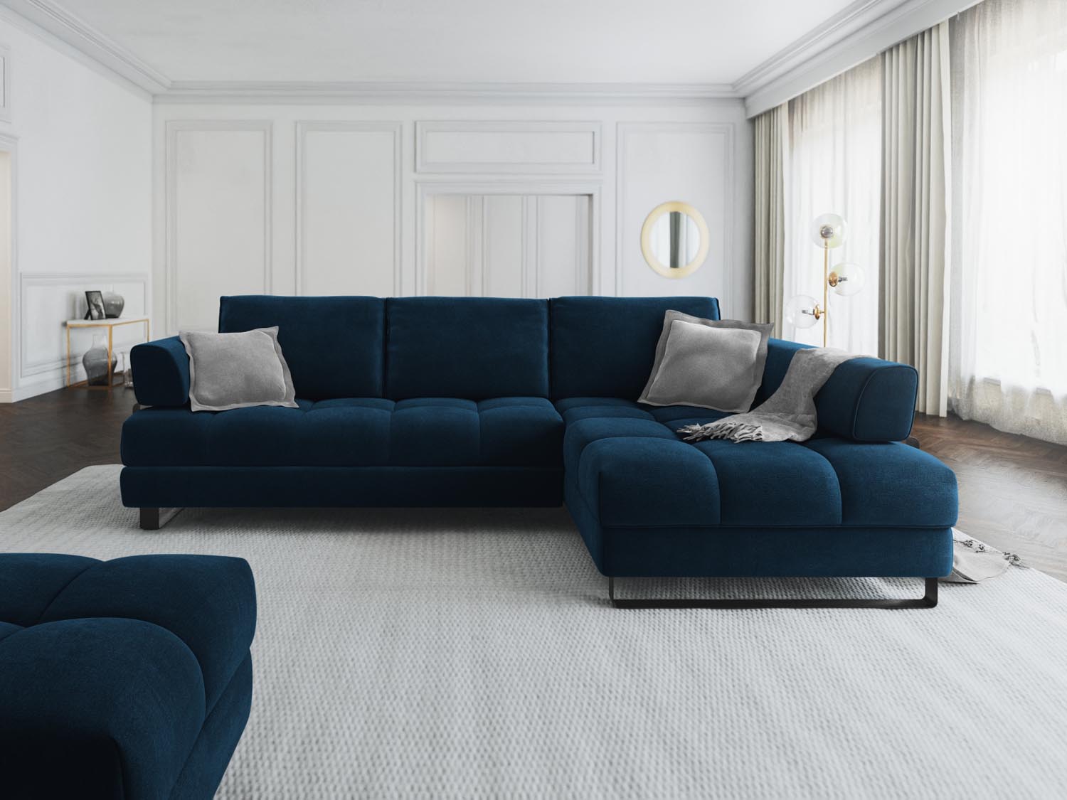 Erleben Sie das Clinton Velour Ecksofa von Cosmopolitan Design: stilvolles 5-Sitzer Sofa mit Schlaffunktion und viel Stauraum für Ihr modernes Zuhause!