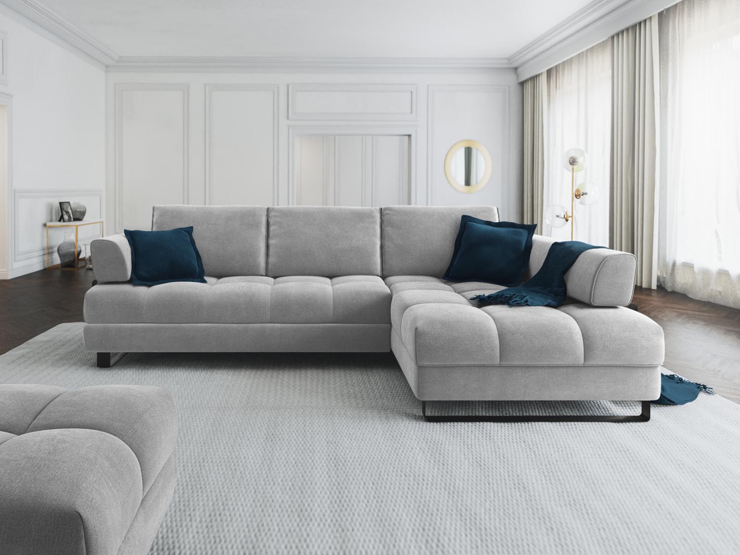 Entdecken Sie das Clinton Velour Ecksofa von Cosmopolitan Design: elegantes 5-Sitzer Sofa mit praktischer Schlaffunktion und grosszügigem Stauraum für Ihr Zuhause!