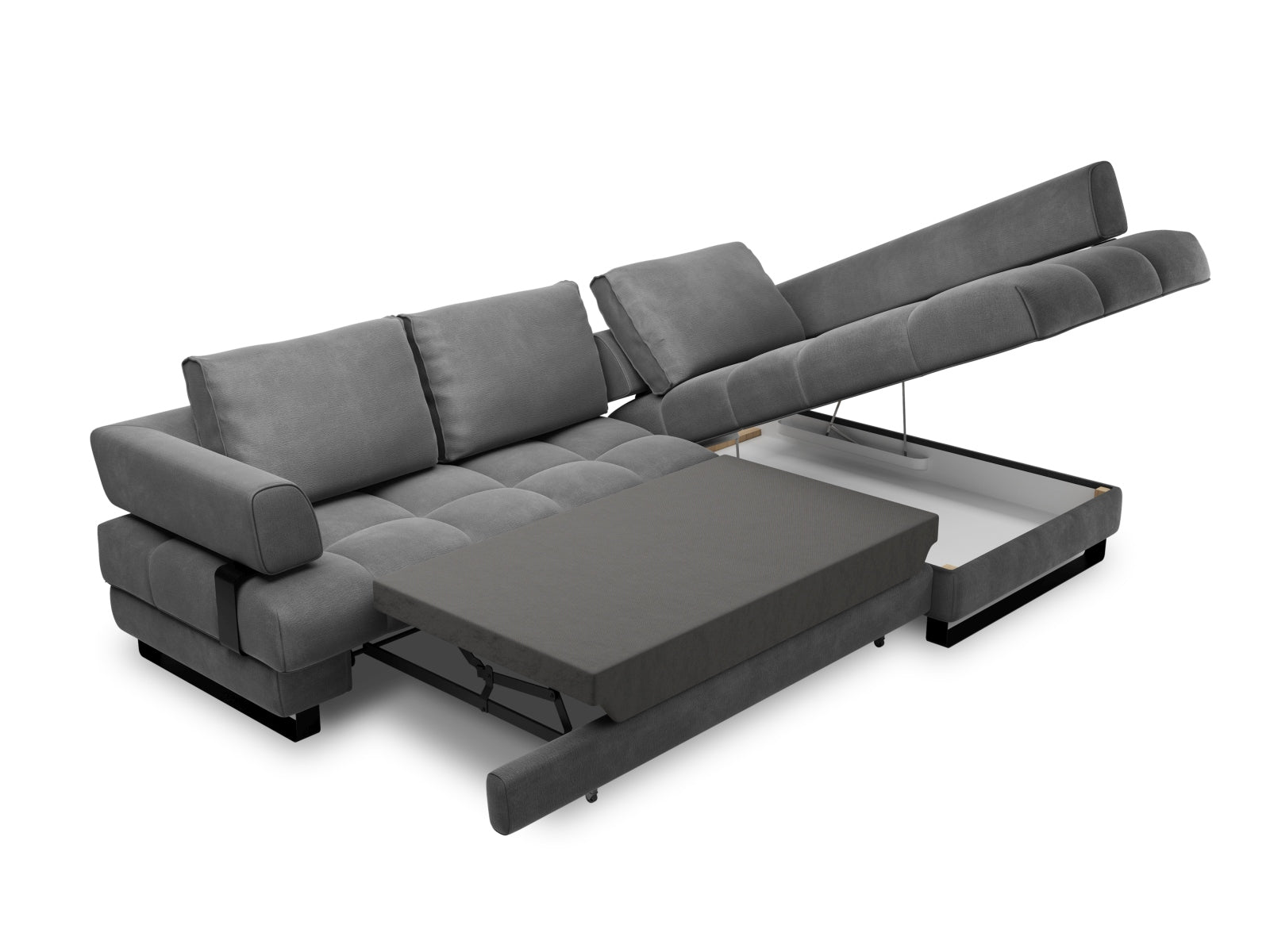 Erleben Sie das Clinton Velour Ecksofa von Cosmopolitan Design: stilvolles 5-Sitzer Sofa mit Schlaffunktion und viel Stauraum für Ihr modernes Zuhause!