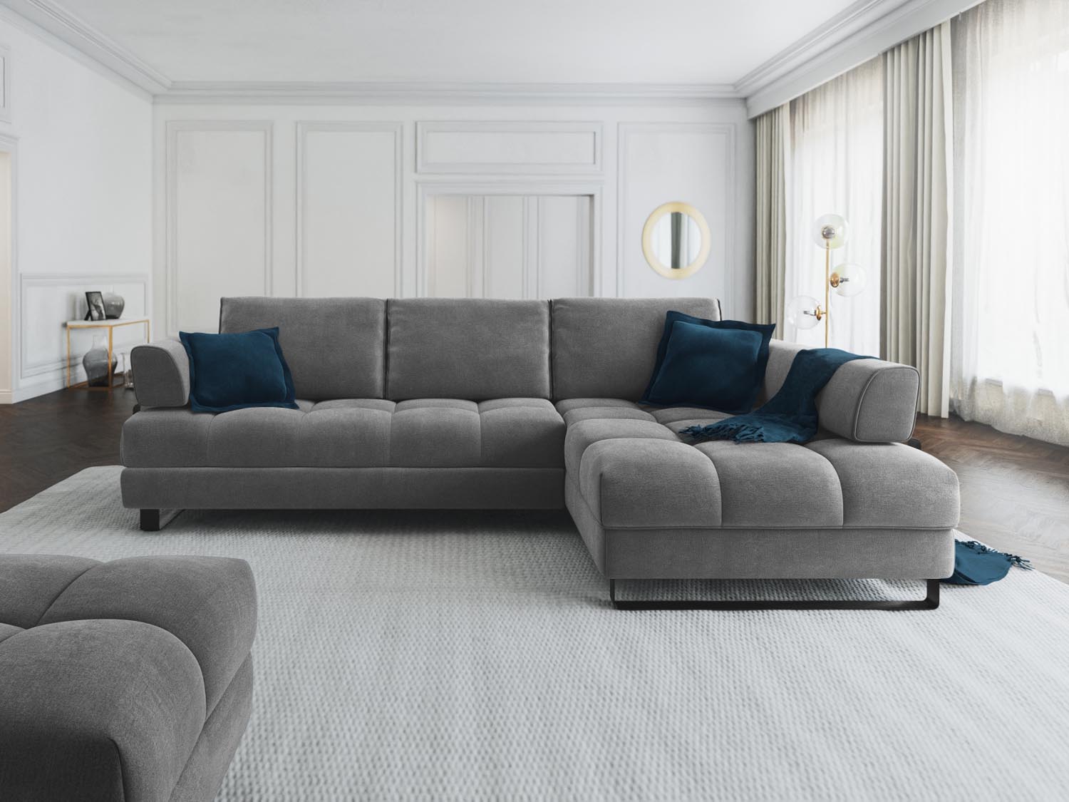 Erleben Sie das Clinton Velour Ecksofa von Cosmopolitan Design: stilvolles 5-Sitzer Sofa mit Schlaffunktion und viel Stauraum für Ihr modernes Zuhause!