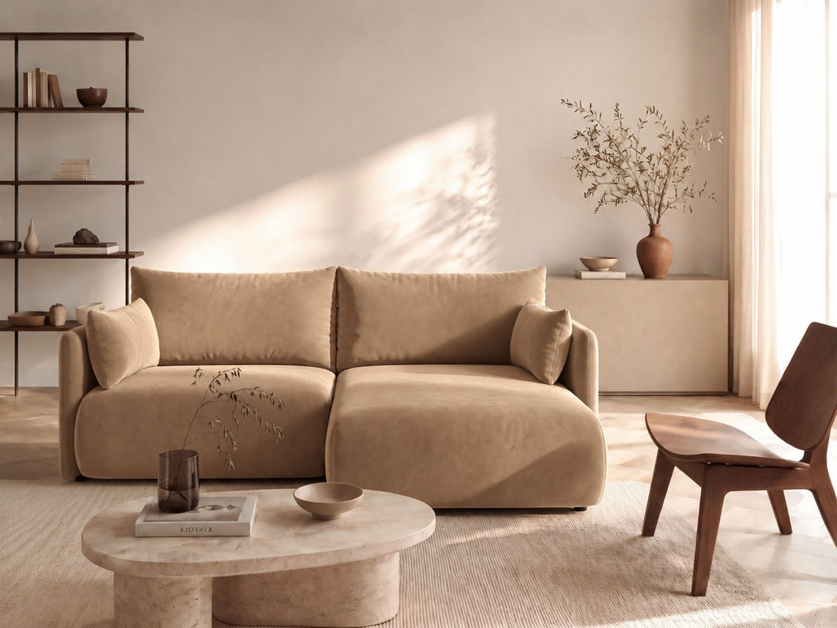 Monaco Ecksofa rechts mit Récamière, Bluvel-Bezug und schwarzen Kunststoffbeinen