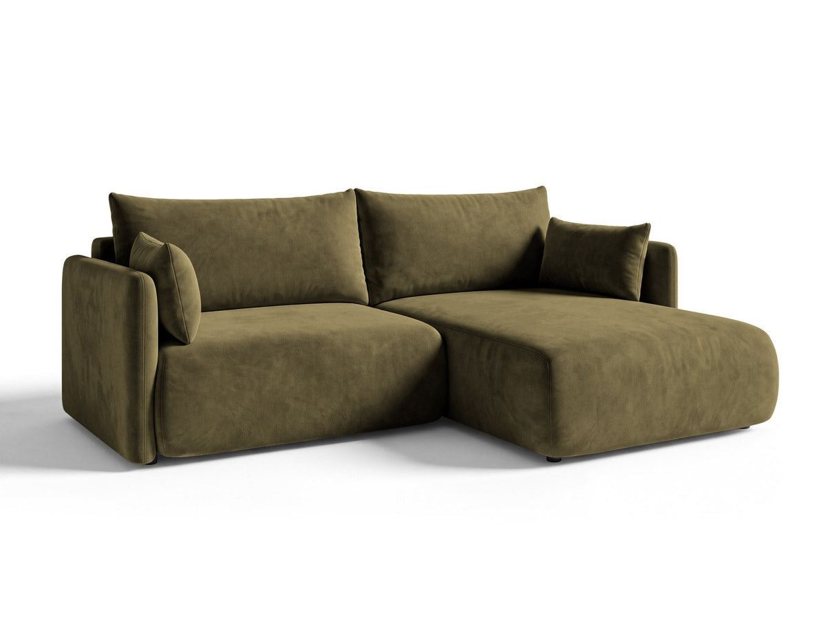 Monaco Ecksofa rechts mit Récamière, Bluvel-Bezug und schwarzen Kunststoffbeinen