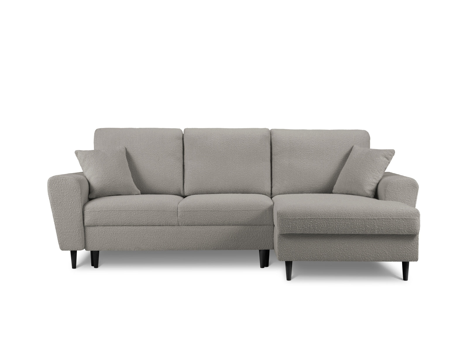 Stylisches Kyoto Boucle Ecksofa in elegantem Grau, rechtsseitig, mit praktischer Schlaffunktion und Stauraum für zusätzlichen Komfort.