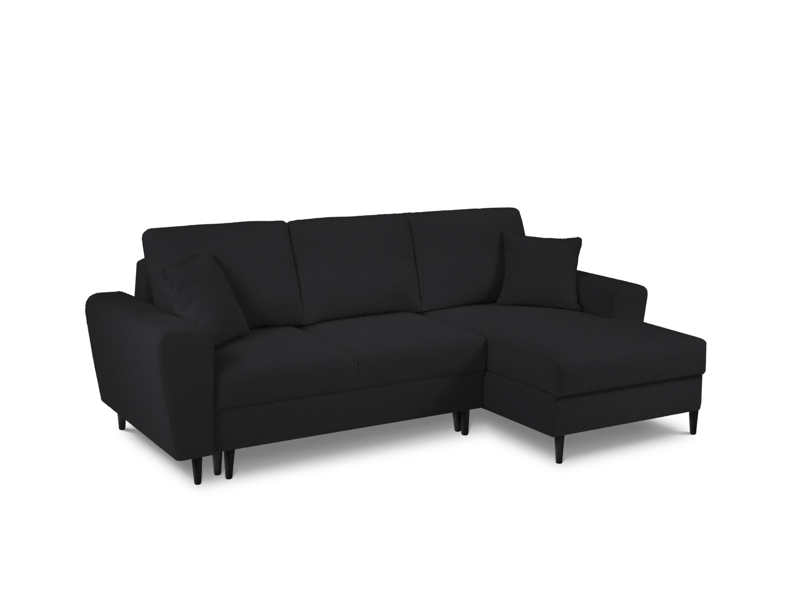 Elegantes Kyoto Boucle Ecksofa in Schwarz, 4-Sitzer mit praktischer Schlaffunktion und Stauraum, perfekt für modernes Wohnen und Übernachtungen.