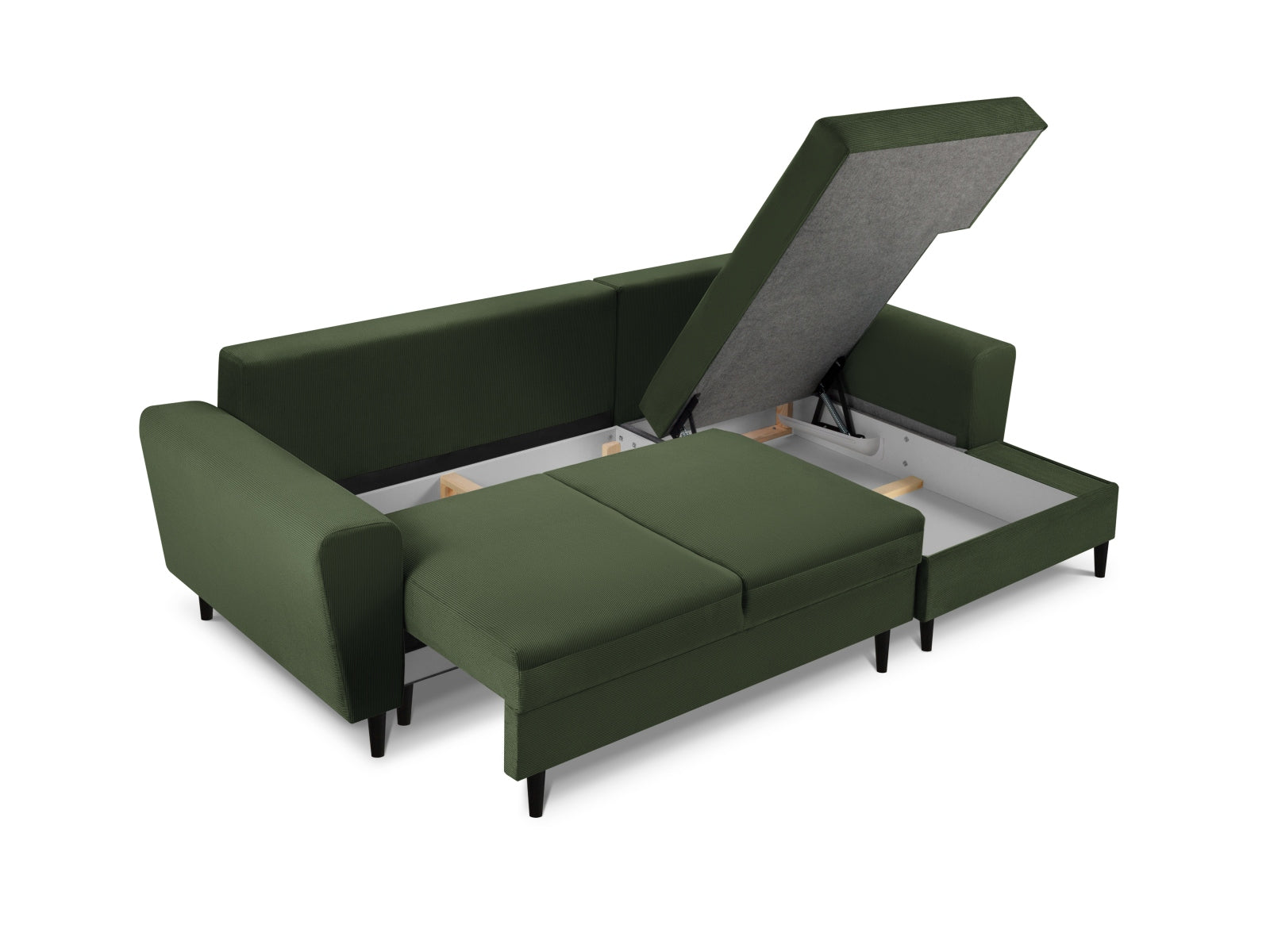 Modernes Kyoto Ecksofa in dunklem Grün, 4-Sitzer mit Schlaffunktion und Stauraum, ideal für gemütliche und funktionale Wohnbereiche.