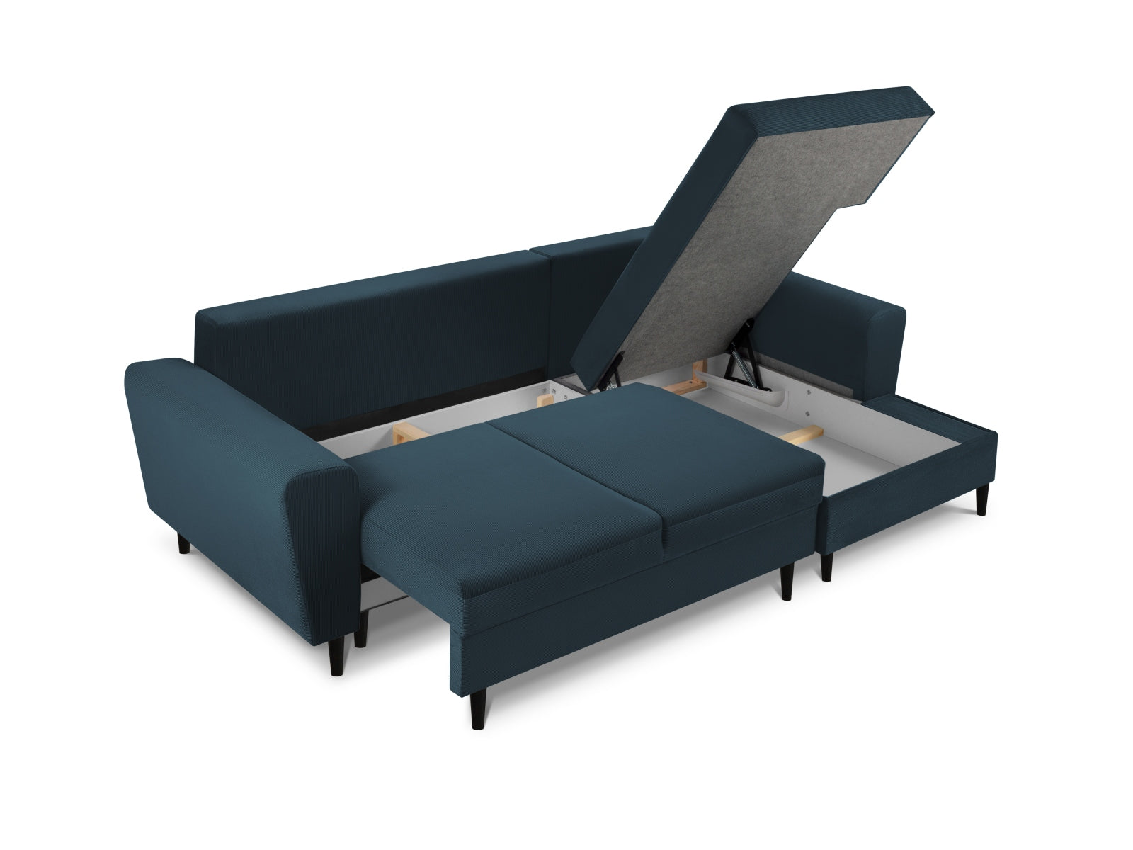 Elegantes Kyoto Ecksofa in Dunkelblau, 4-Sitzer mit praktischer Schlaffunktion und Stauraum, ideal für moderne Wohnräume.