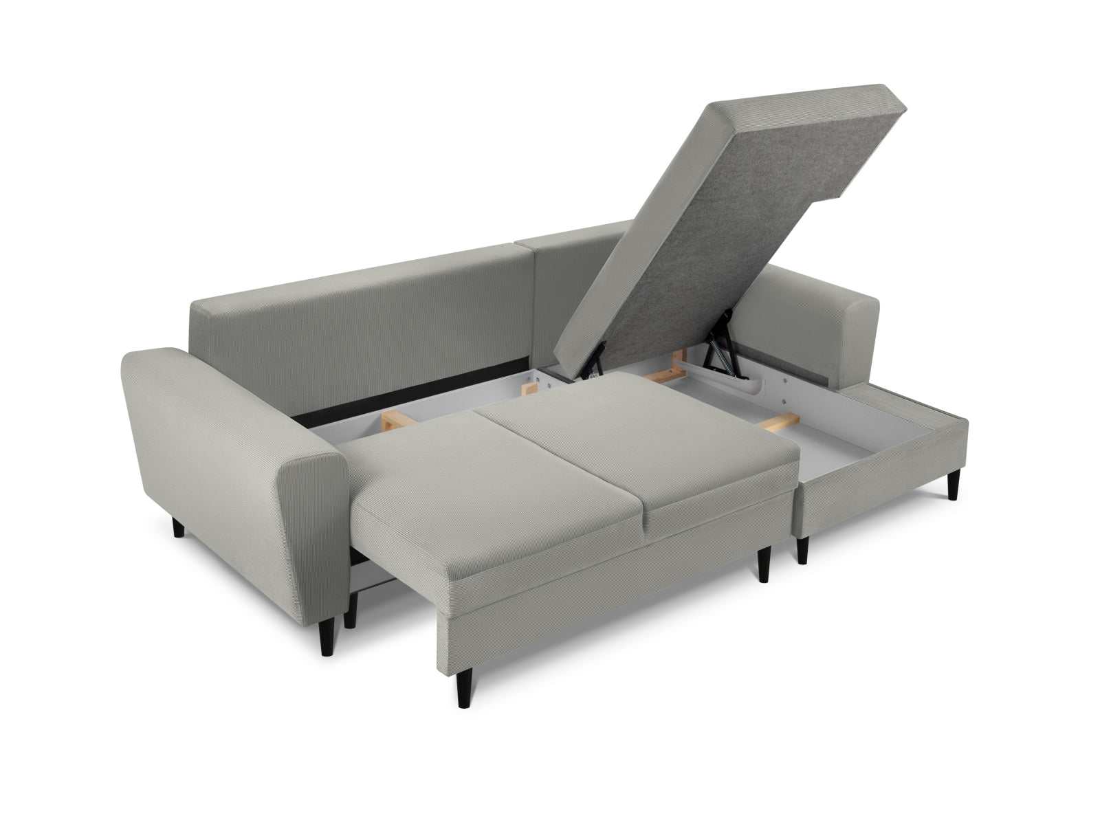 Modernes Kyoto Ecksofa in edlem Grau, 4-Sitzer mit komfortabler Schlaffunktion und integriertem Stauraum für vielseitige Nutzung.