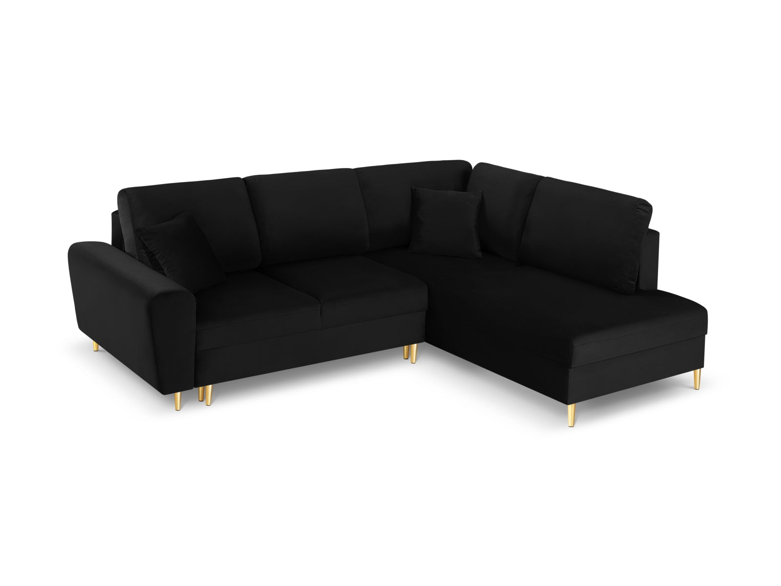 Kyoto Velour Ecksofa rechts mit Schlaffunktion und Stauraumbox 5 Sitzer 194cm in Black/Gold-Riviera präsentiert im Onlineshop von KAQTU Design AG. Bettsofa rechts ist von Cosmopolitan Design
